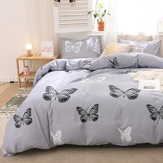 Herside Butterfly Duvet Cover Set Double Gray Bedding White Black Butterflies Printed Microfibre Pastoral Style Bedding Sets with 2 Pillowcases (Gray, Double)