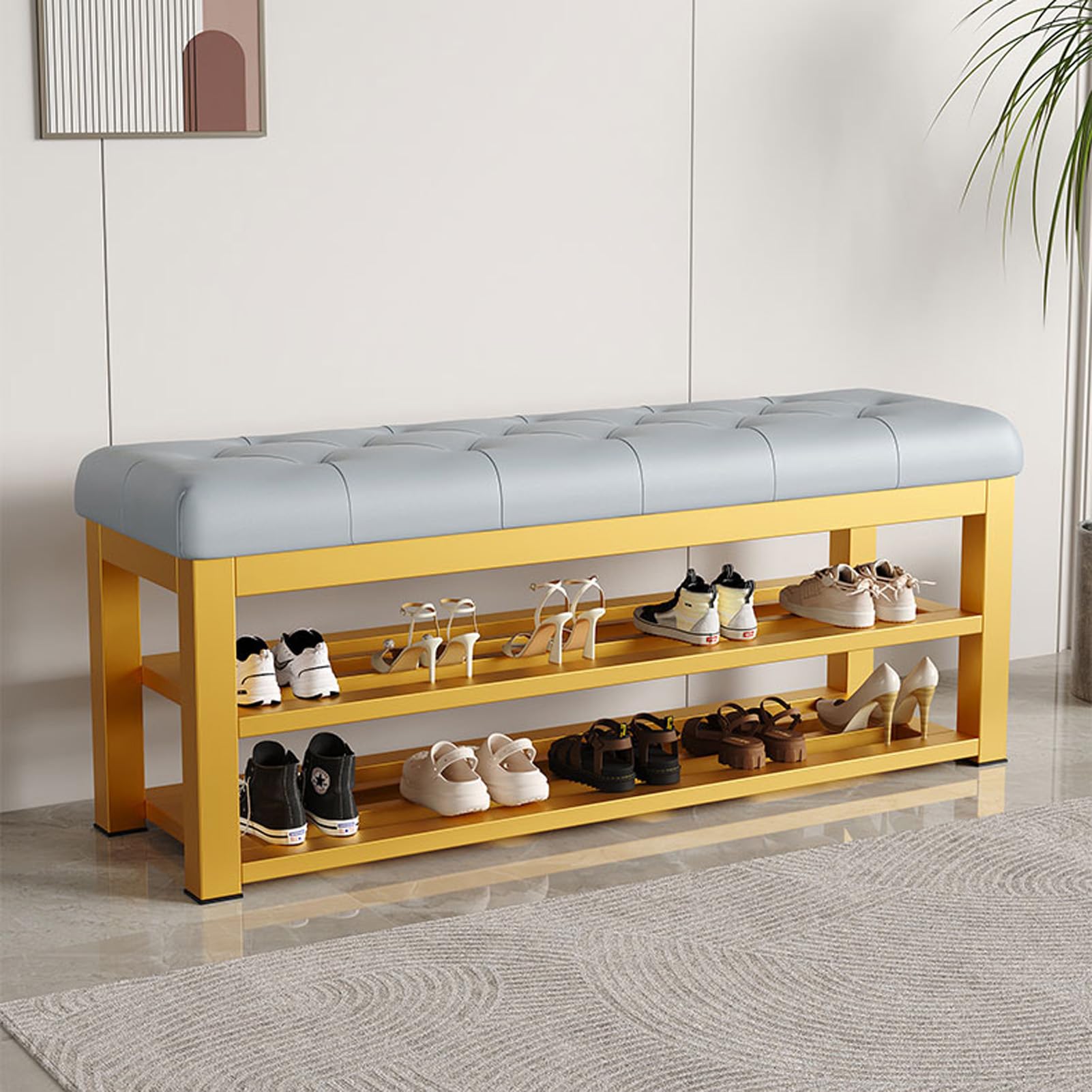 Banc d'entrée avec rangement chaussures étagère en acier et assise rembourrée cuir