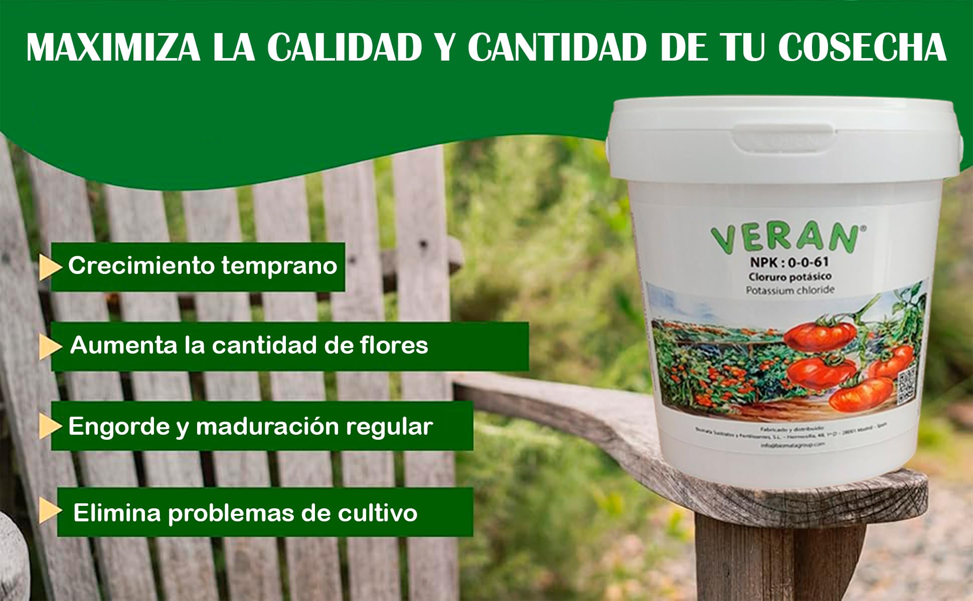 VERAN Fertilizante Cloruro Potásico NPK 0-0-61 1Kg | Abono Tomates Rico en Potasio Hidrosoluble | Fertilizante Tomates También para Hortalizas, Frutas y Cultivos Exigentes en Potasio