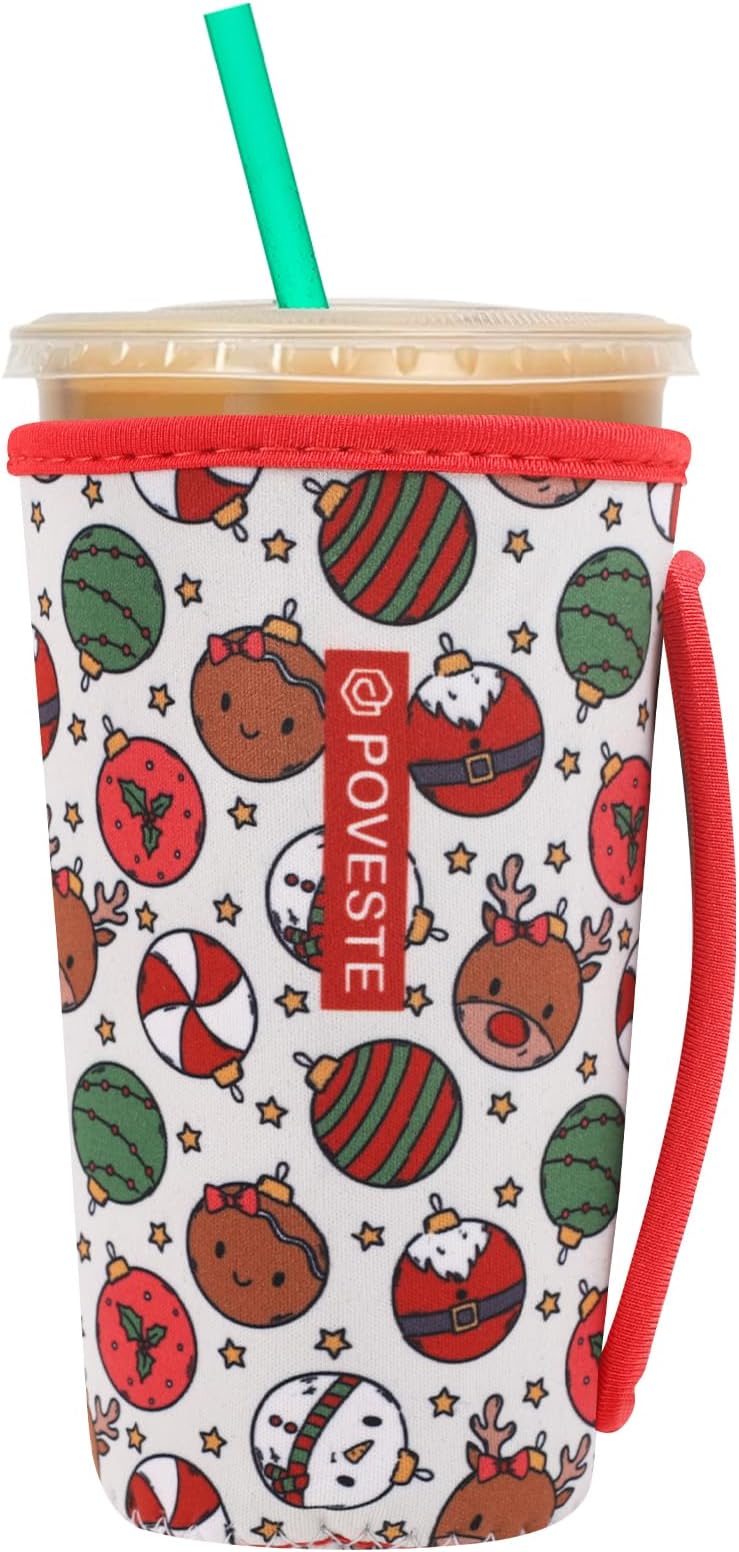 Reusable Neoprene Insulator Sleeve for Iced Coffee & Cold Soda, Coffee Sleeves for Iced & Hot Drinks, Cold Beverage Cooler Compatible with Starbucks, Dunkin (Chrsitmas Party, Large: 32oz)