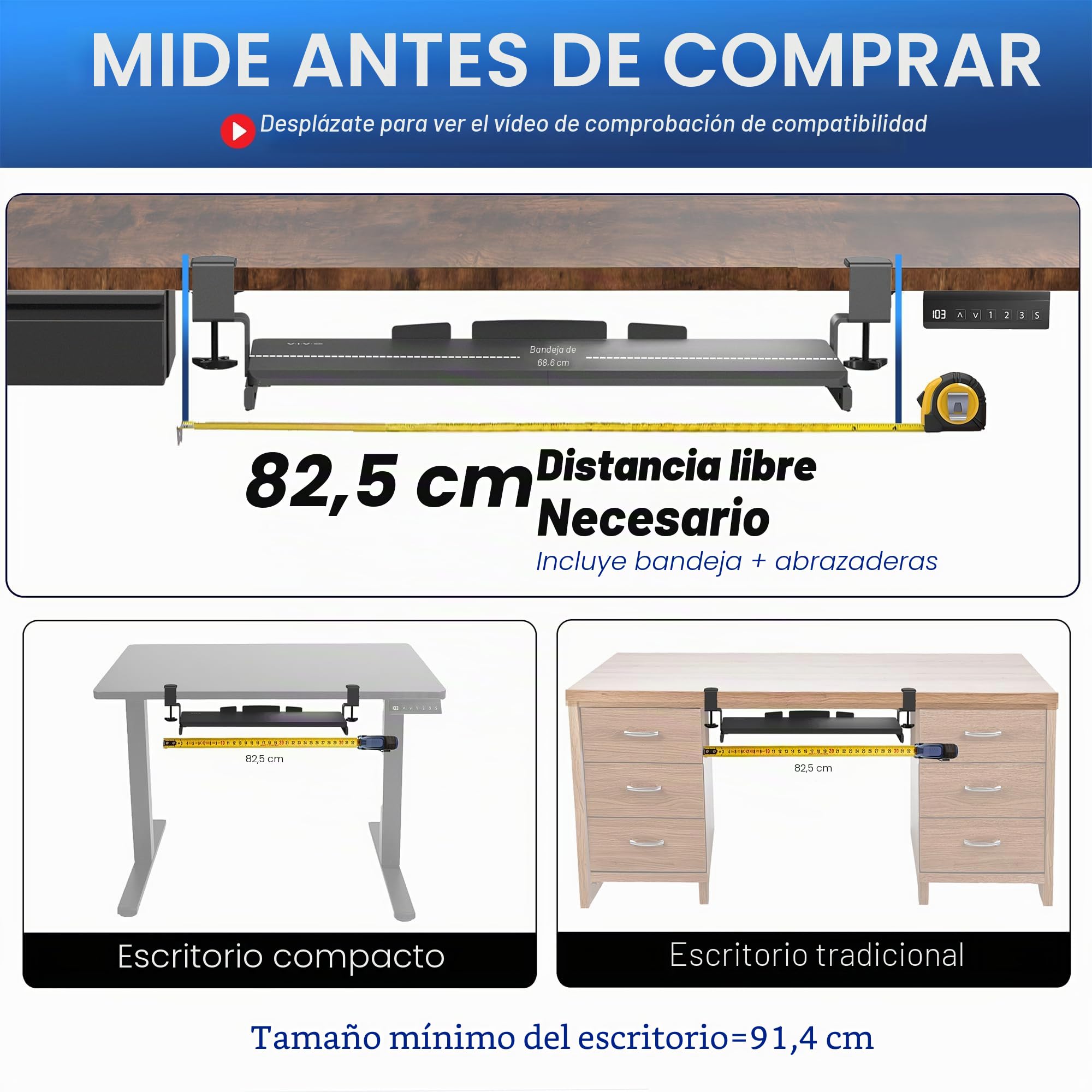 VIVO - Bandeja para teclado para debajo del escritorio, extraíble, con sistema de montaje de abrazadera C extrafuerte, plataforma deslizante para ordenador para escribir y trabajar con ratón