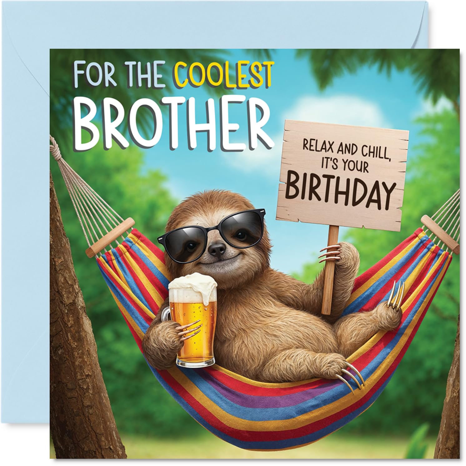 Brother Birthday Card - Chilled Out Sloth - Happy Birthday Card for Brother from Sister Sibling, 145mm Bright and Colourful Bday Greeting Cards