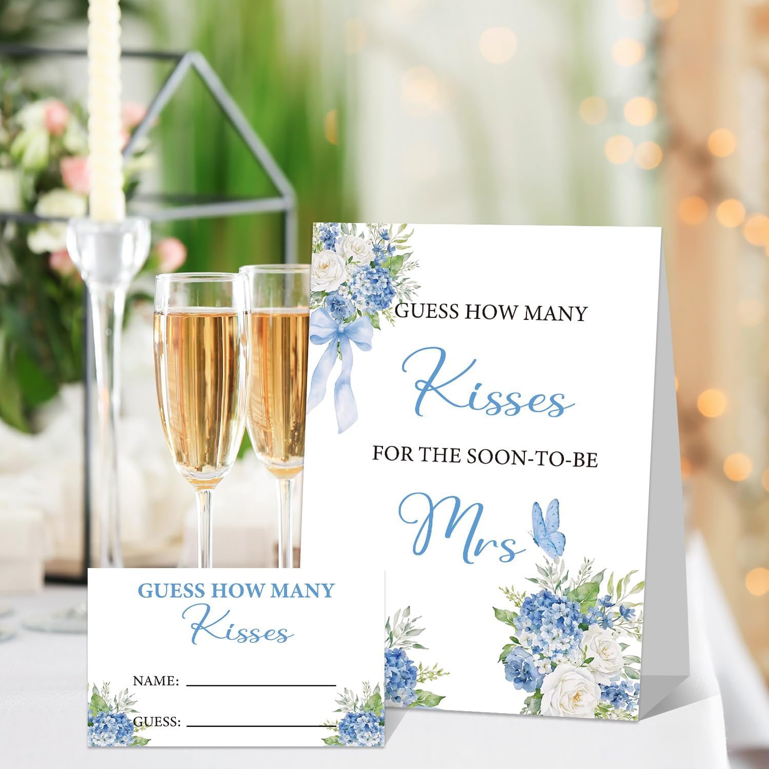 Something Blue Before I Do Bridal Shower Games, Guess How Many Kisses Bridal Shower Game, 50 Cards and 1 Sign - Blue Floral Bachelorette Wedding Shower Party Games & Activities -lika009