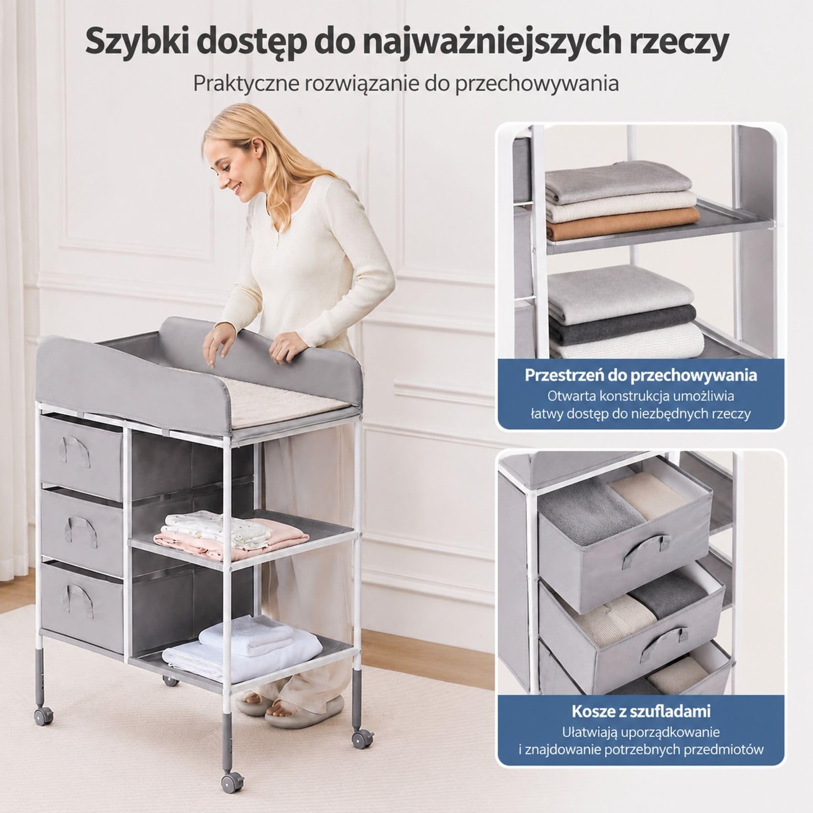 Przenośny przewijak z 3 szufladami, kółkami i regulowaną wysokością do użytku domowego