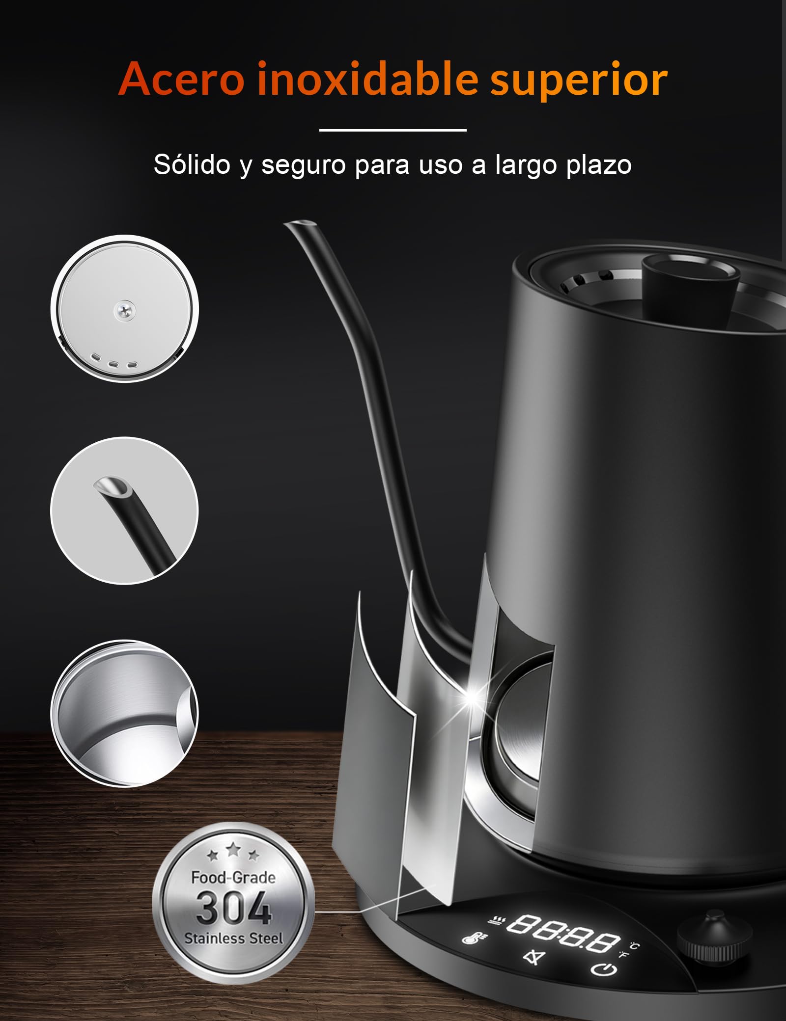 Hervidor de agua de acero inoxidable con ajuste de temperatura, hervidor de cuello de cisne, 24-horas tetera eléctrica con indicador de temperatura, hervidor de café, 0,9L, 1200W