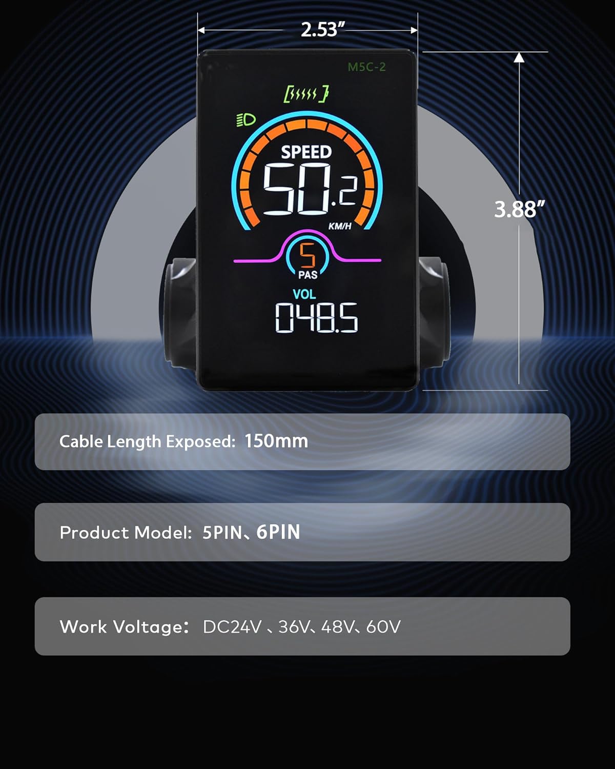 Mcezdy Ebike LCD Display with dimensions and work voltage