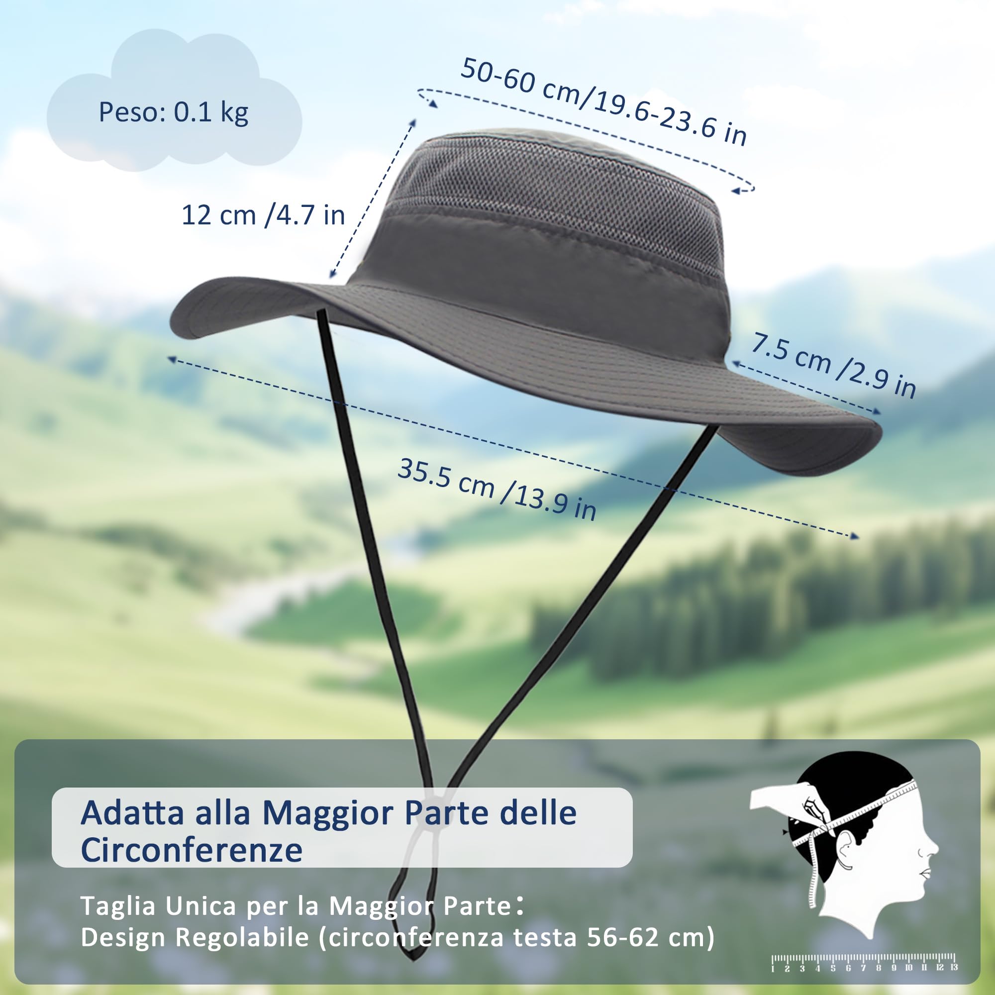 Uomo Donna Cappello da Pesca Antivento Protezione UV UPF 50+ Viaggio attività Escursionismo Vacanza Arrampicata Campeggio All'aperto Safari Hat 56-62cm