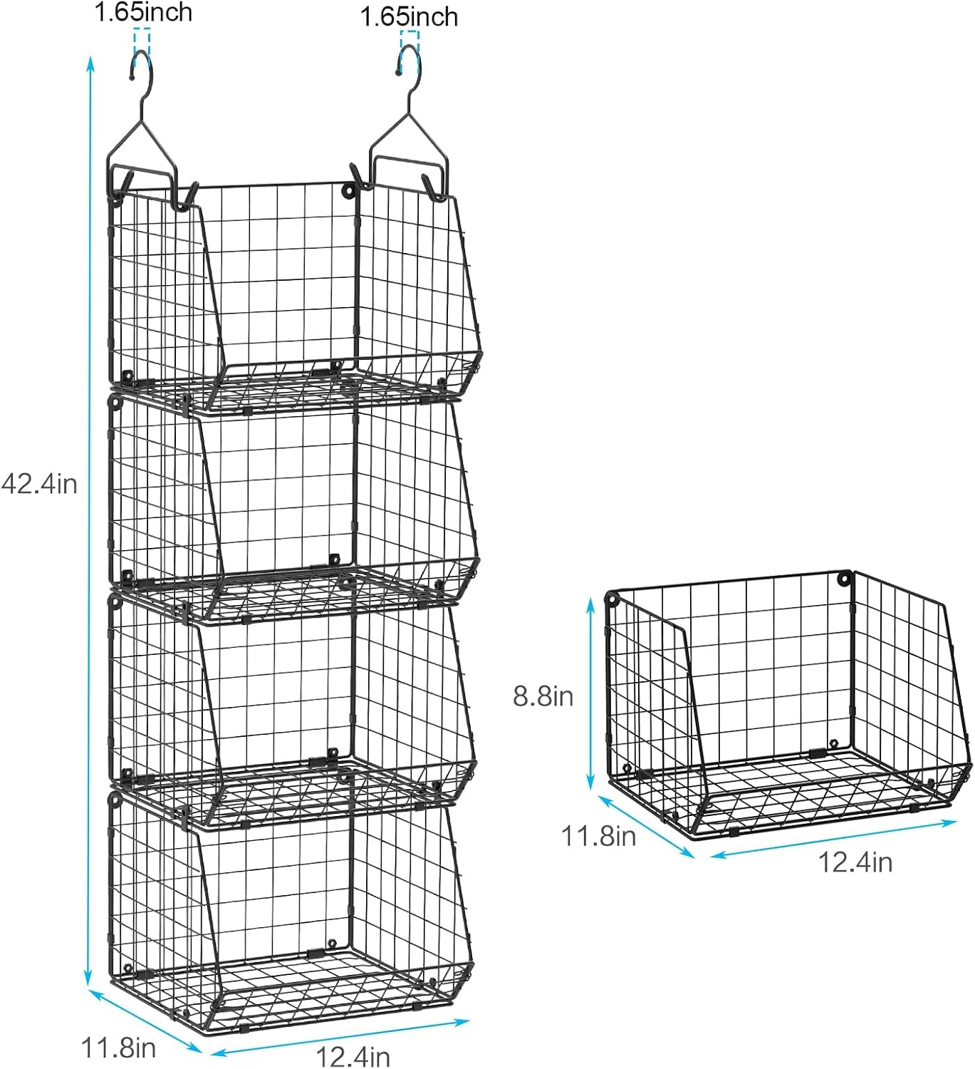 HUIN 4 Tier Metal Closet Hanging Organizer with 5 S Hooks Foldable Wire Baskets Freestanding Wall Mounted Storage for Clothing Shoes Handbags