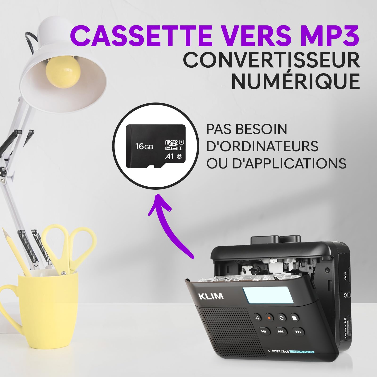 Cassette Player KLIM K7 avec écouteurs Fusion - Lecteur Cassette Audio - Convertisseur Audio en MP3 - Microphone et Haut-Parleur intégrés - Batterie Rechargeable - Ecouteurs - Carte SD 16GB - Noir