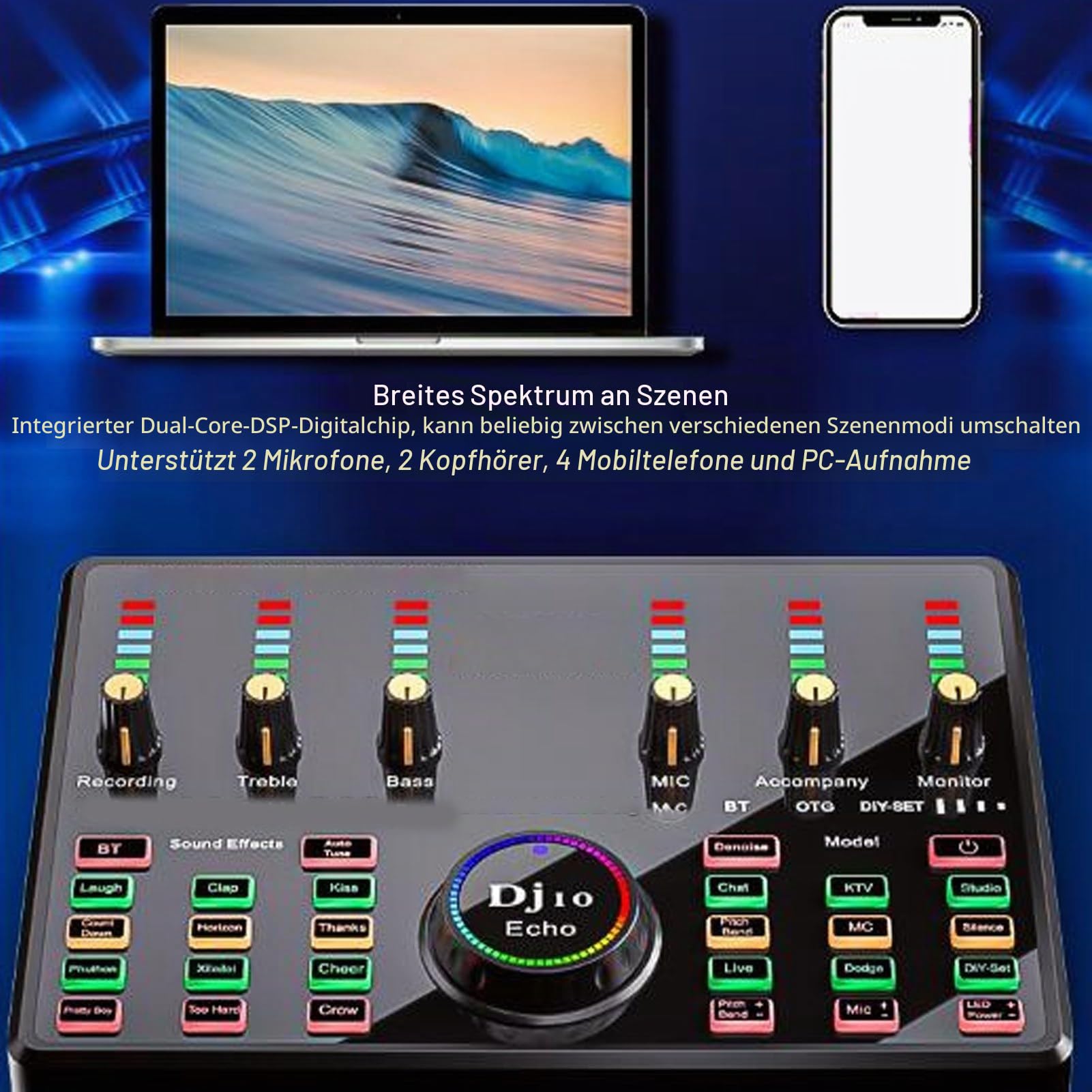 Live-Soundkarte, 12 Arten von Soundeffekt-Soundboard-Sprach Wechsler, Unterstützung 2 Mic, Podcast-Geräte-Bundle für PC-Gaming-Live-Streaming-Podcast