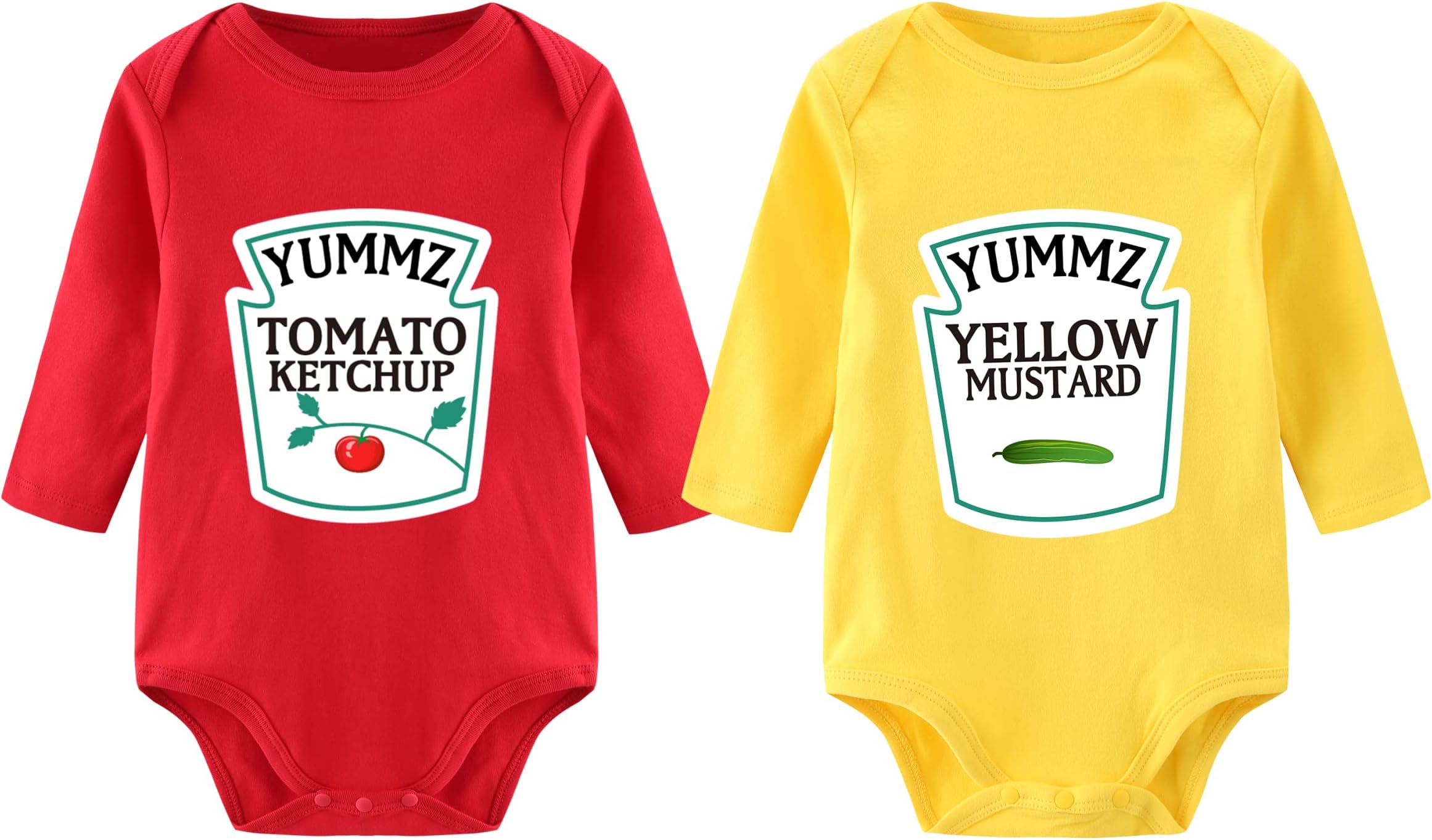 Baby Twins Bodysuit Yummz Tomato Ketchup Mustard Red Yellow Twins Set Boys Girls Twins Baby Outfits (KM 9M Long)