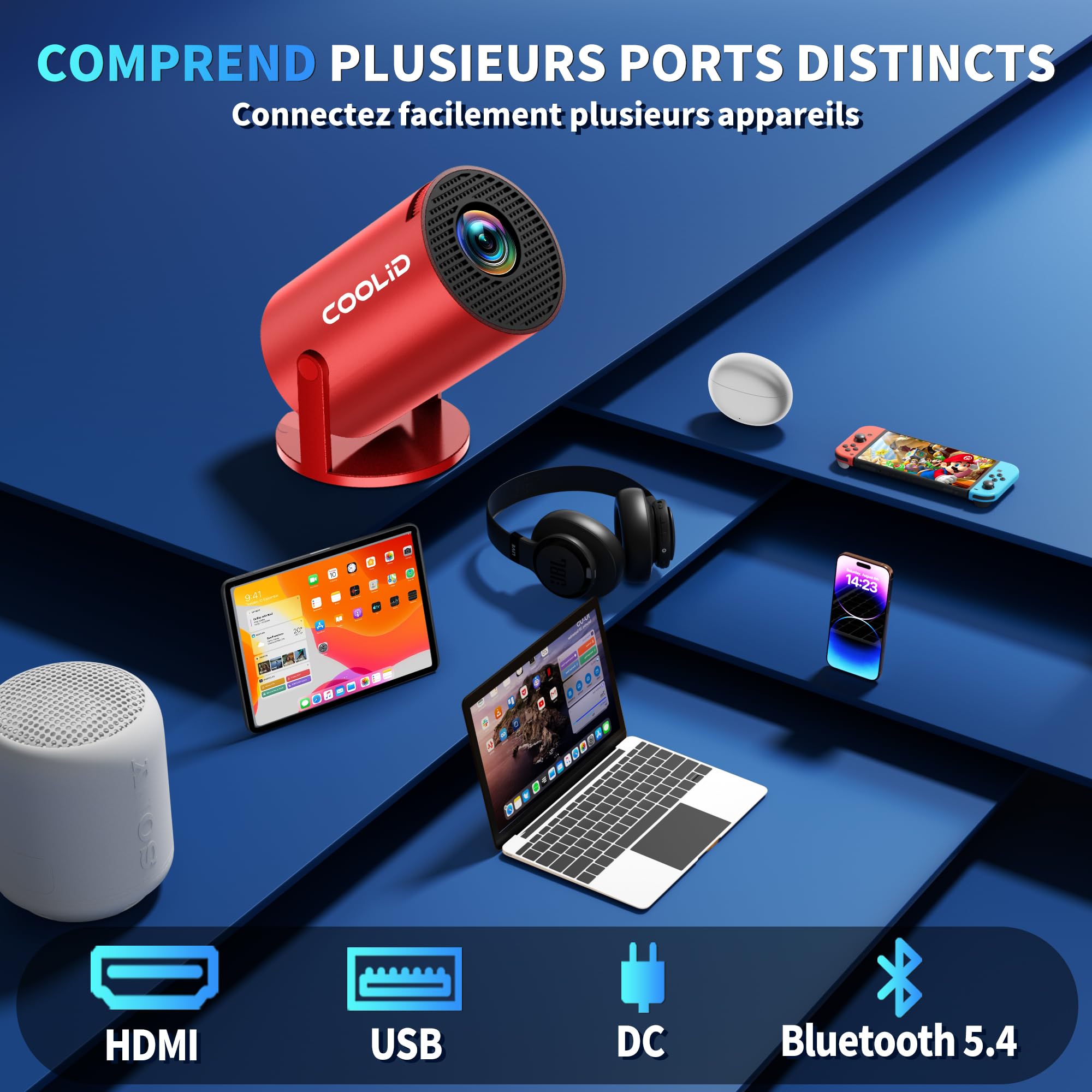 [Apps intégrées & 2026 Upgraded] Mini Vidéoprojecteur Supporte 4K 1080P avec 5G WiFi 6 Et BT 5.2 Le Projecteur Soutien Rotation 180° Portable Projecteur Video Applicable Laptop/HDMI/TV Stick,Rouge