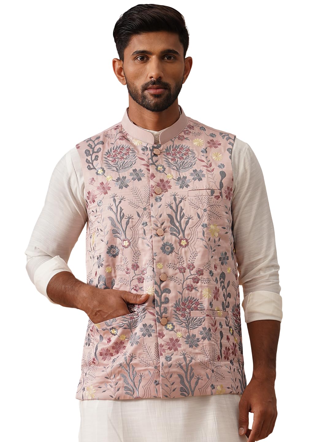 jompers Floral Embroidered Silk Blend Nehru Jacket-picture-10