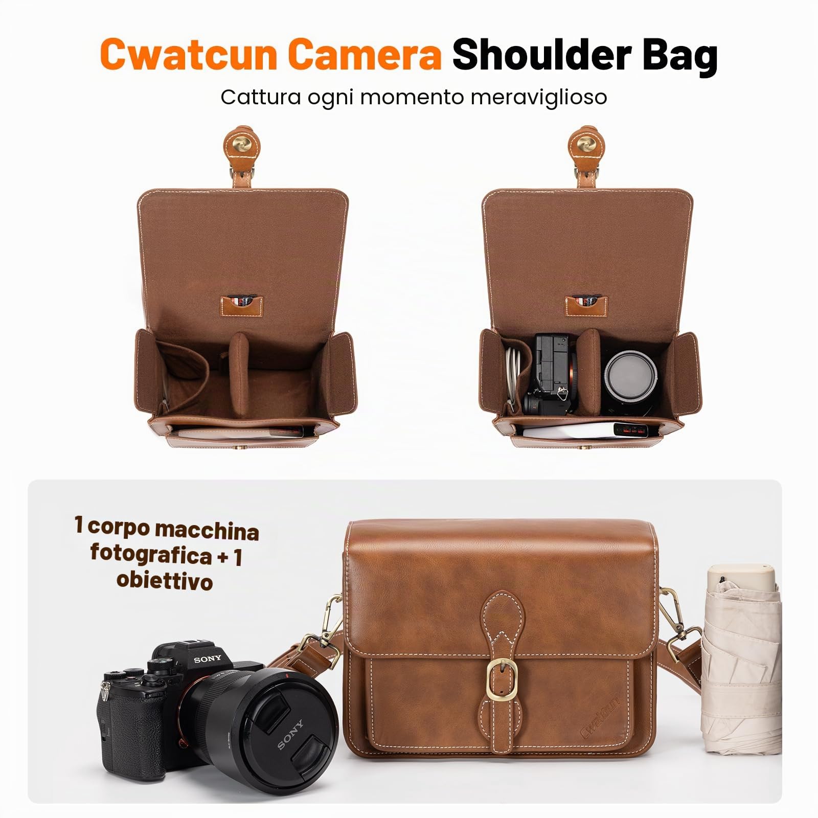Cwatcun Borsa per fotocamera Borsa a tracolla per fotocamera compatta Borsa impermeabile retrò compatibile per Canon Nikon Sony SLR/DSLR Mirrorless e obiettivo Marrone,S