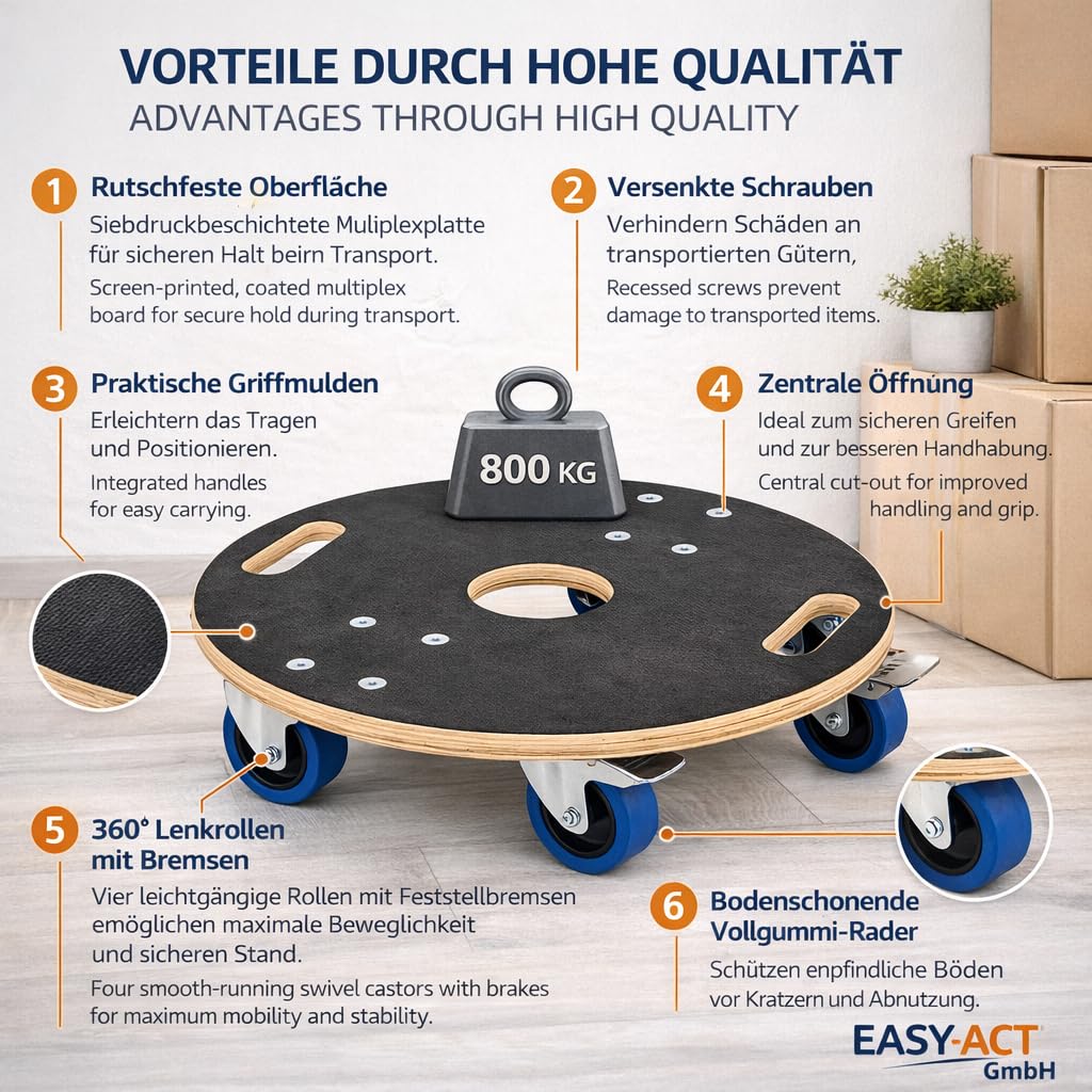 Möbelroller Rollbrett Rund Multiplex Holz 800 kg Tragkraft - Schwerlast Transportroller mit Feststellbremsen für Möbel Umzug Werkstatt (Ø 87 cm)