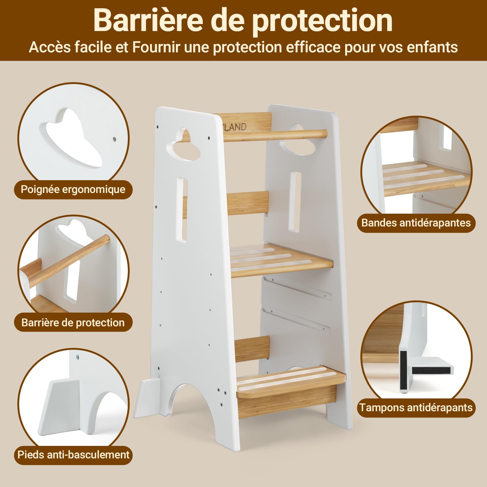COSYLAND Children's Learning Tower - Wooden Learning Tower for Babies from 1 to 6 Years - Height Adjustable on 3 Levels - 80 cm - Classic White and Natural - 3