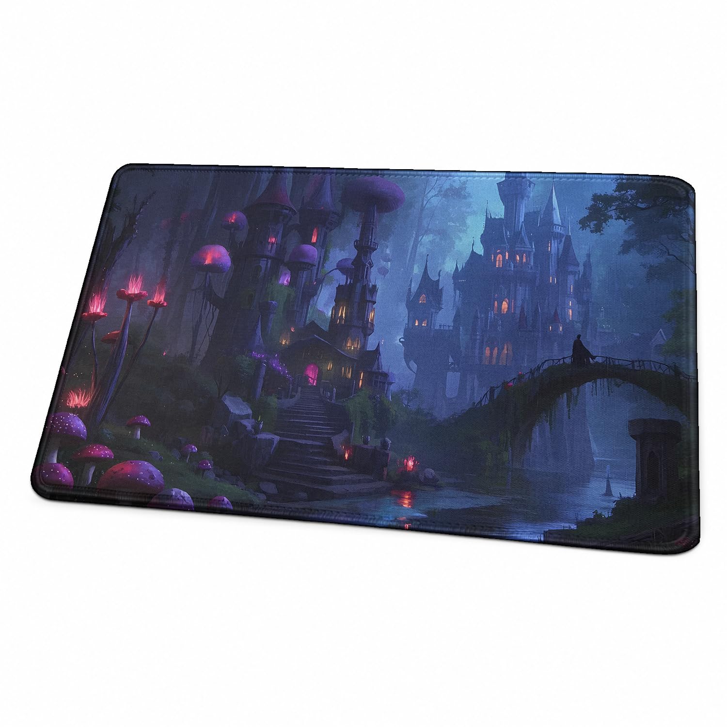 MTG Playmat, TCG Playmat with Zones, Stitched Edges Non-slip Rubber Base Game Mat, Trading Card Game Playmats Size 24" x 14" with Storage Bag (Mushroom Castle No Zones)