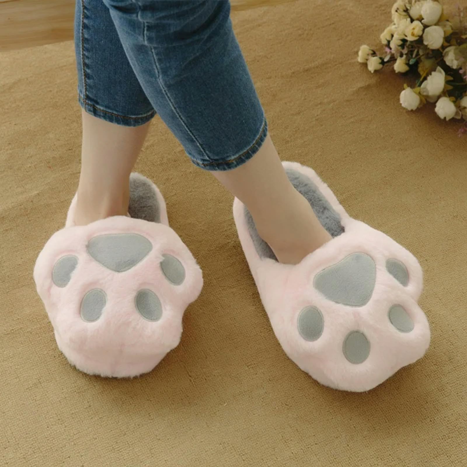 MdybF Pantofole Donna Invernali Pantofole di Cotone Simulazione Femminile Pelliccia di Coniglio Cat Paw Pantofole Indoor Casa Peluche Scarpe Antiscivolo Carino Casa Pantofole