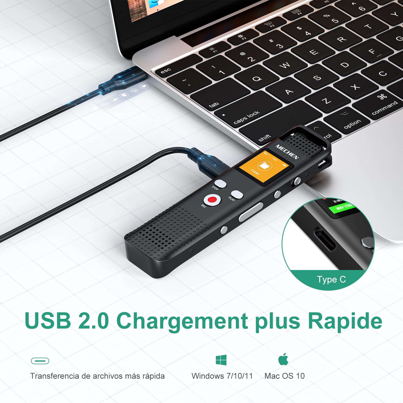 MECHEN Dictaphone Numérique 64 Go, 1536 kbps, avec Lecteur MP3, Qualité Sonore HD, Réduction du