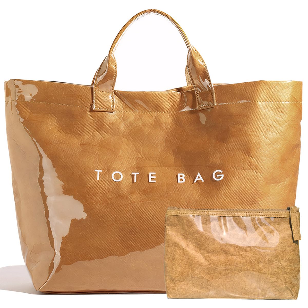 LuxMall PVC Tote Bag for Women Large Tote Purse Kraft Paper Letter Print Hobo Handbags for Work Beach Shopping Travel