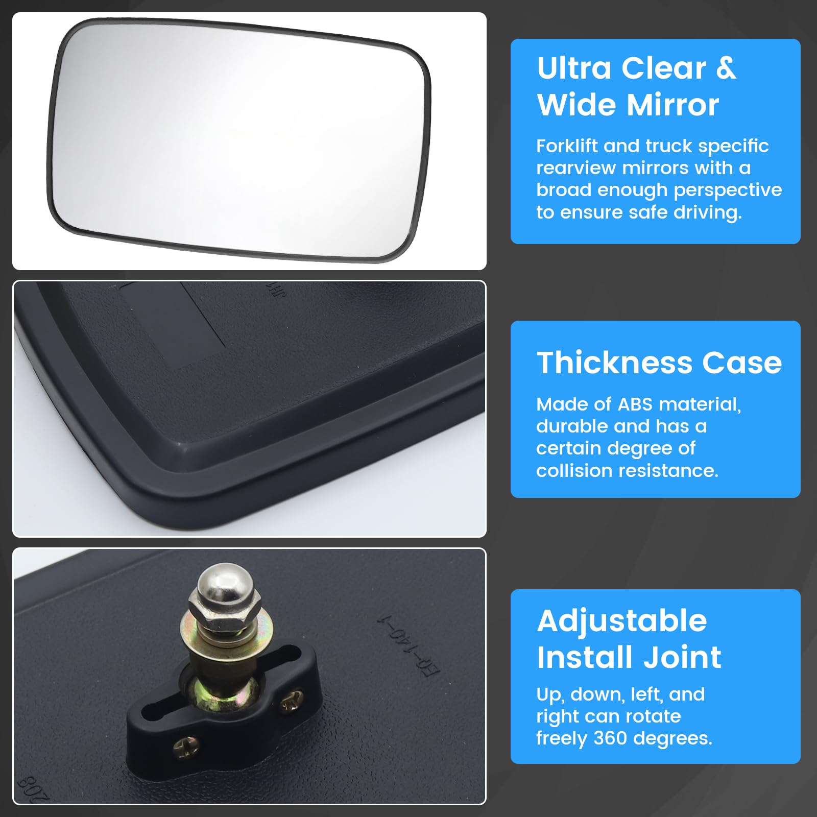 Espejo retrovisor universal para carretilla elevadora, espejo retrovisor de gran angular para recolocación de tractores de camiones (paquete de 2, negro)