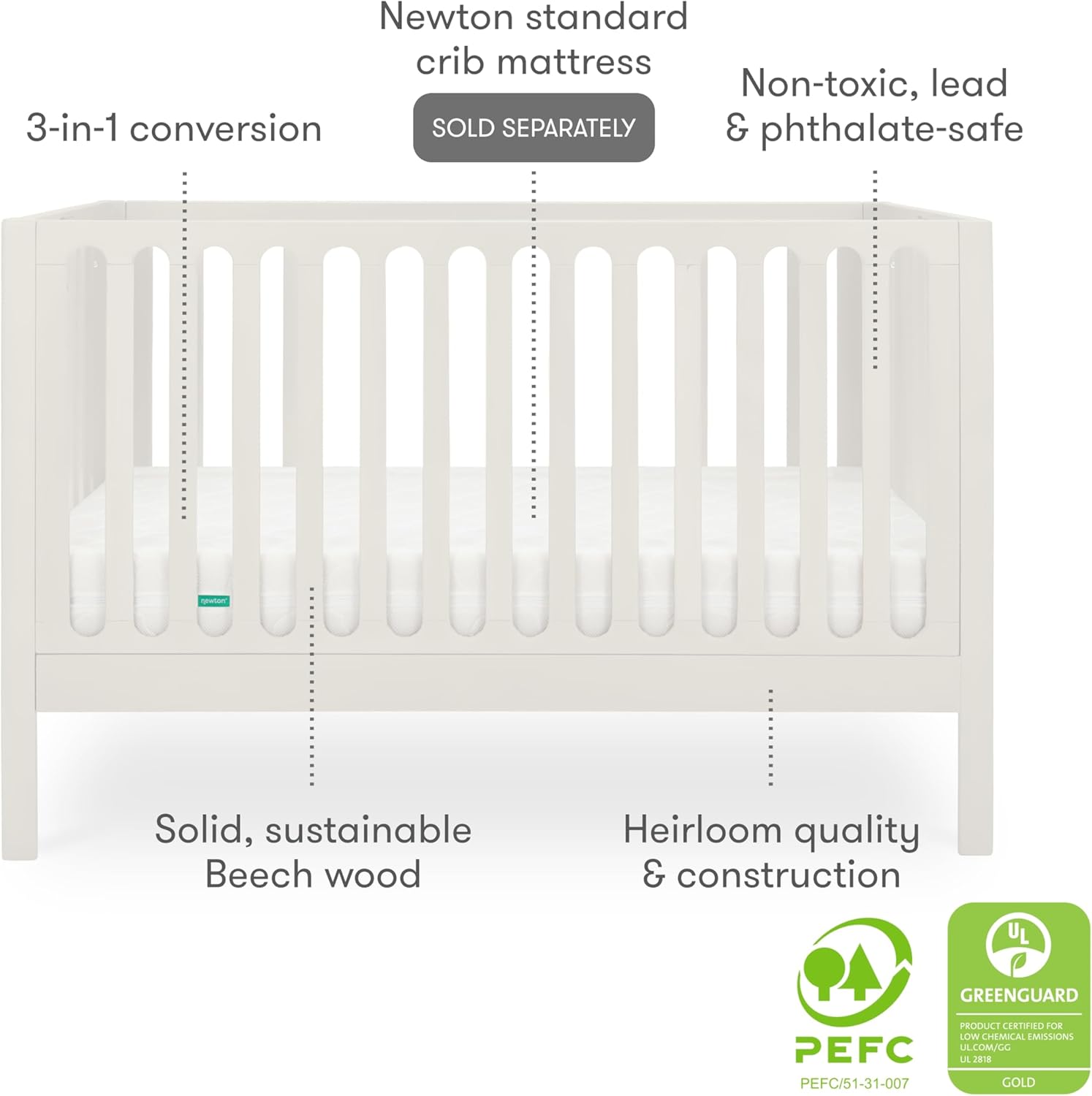 Newton Baby Galileo Standard Crib, Solid Beech Wood in Warm White Color, 3-in-1 Convertible Crib with Toddler Bed Conversion Kit, Ultra-Safe Non-Toxic Finish