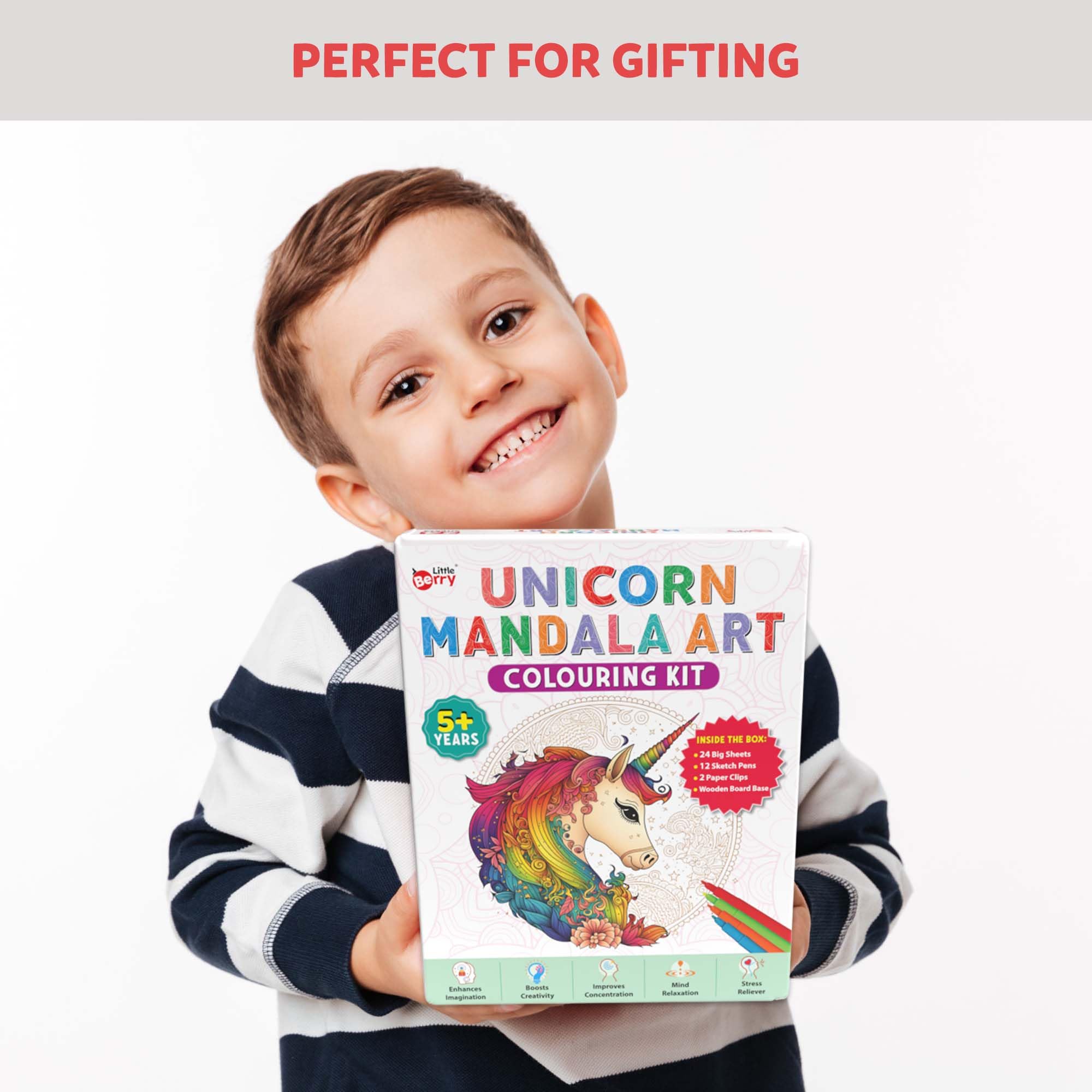 Little Berry Unicorn Mandala Art Colouring Kit for Adults & Kids | Art & Craft Kit for Girls 9-12 | Colouring Set with 24 Big Sheets, Sketch Pens & Wooden Board | Gift & Creative Coloring Fun 4