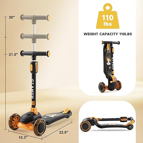 Miniatura 3 de GLAMUP Kick Scooter - Manillar ajustable de altura ajustable, scooter para niños de 3 ruedas con luces LED, adecuado para niños de 2 años, 6 años, 8