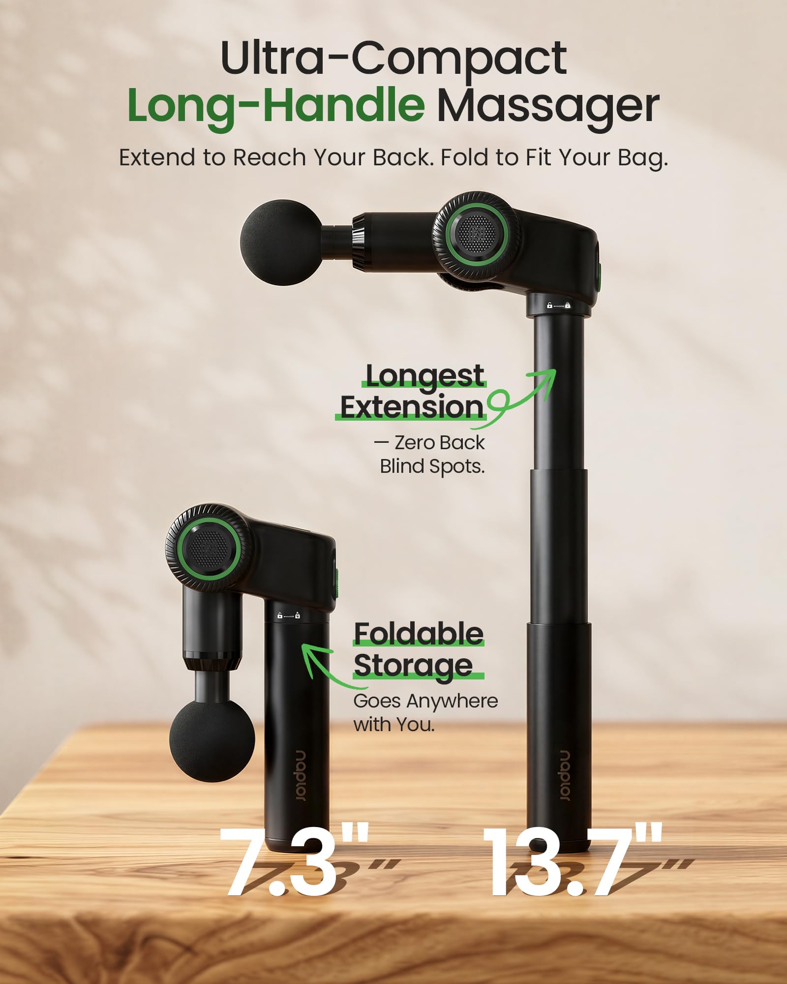 Pistolet de Massage Musculaire Profond Pliable avec Poignée Extensible | Masseur dos 3-en-1 avec 5 angles réglables, massage par percussion 10 mm, 5 Vitesses, étui de transport inclus