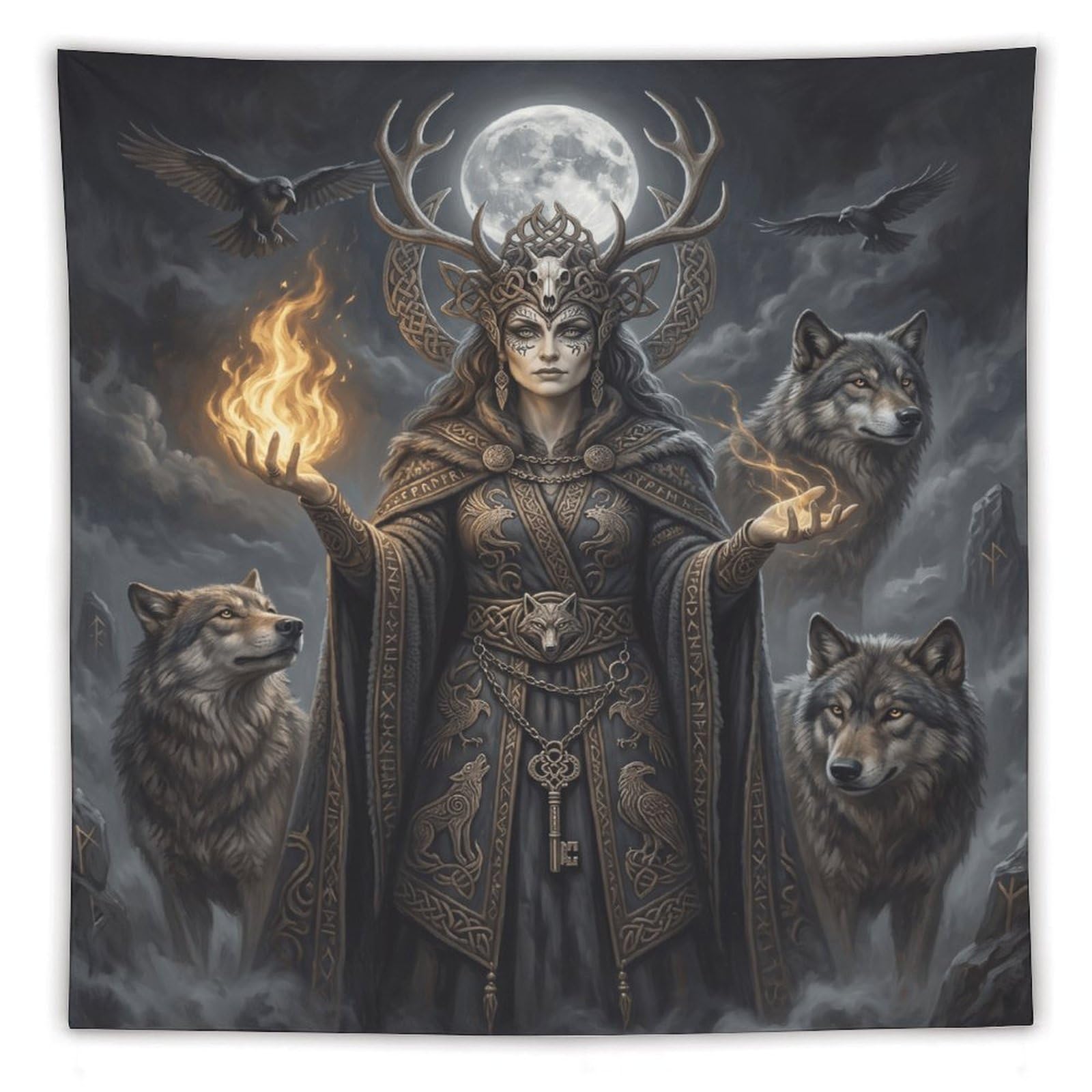 W7C8U2X3 Wolf Goddess Moonlit Wall Tapestry, Realistic Illustration Style