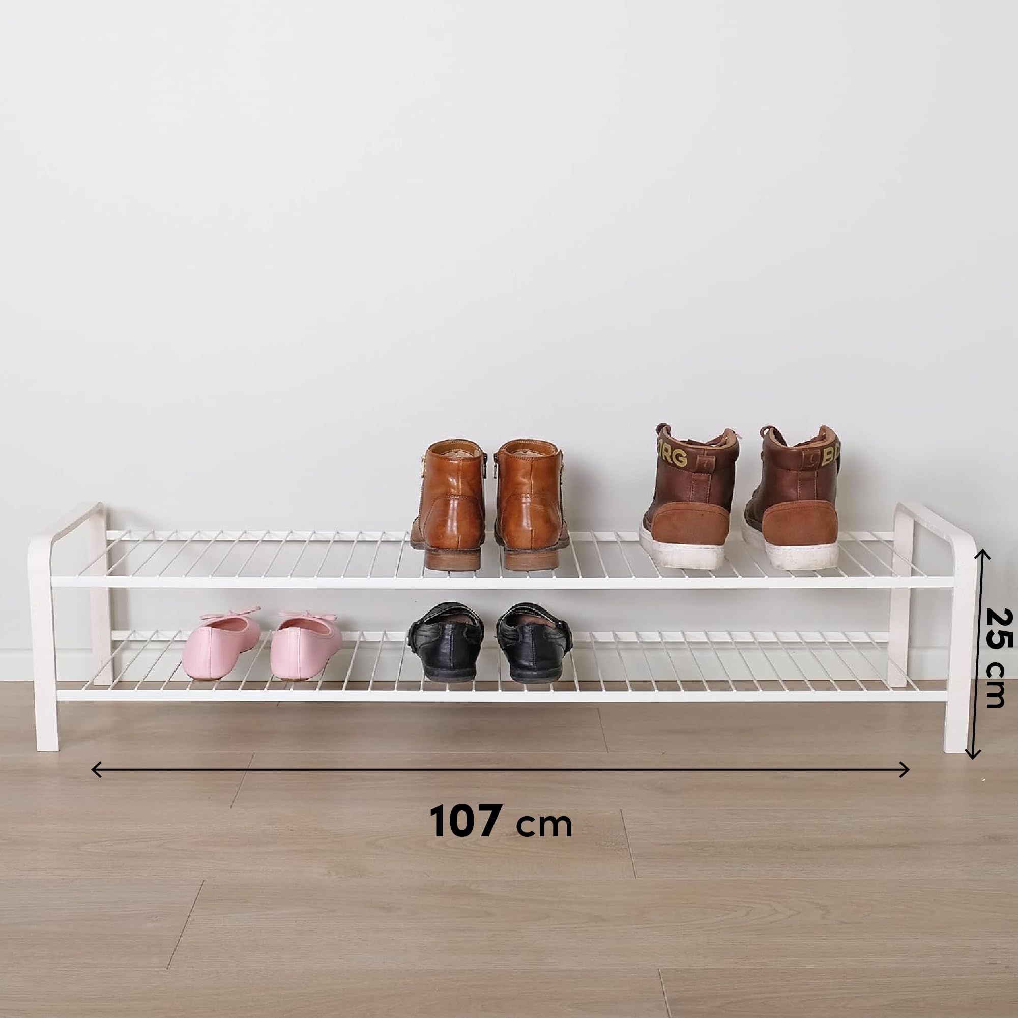LM 393 Schmales Schuhregal für Eingangsbereich, Flur und Schrank, platzsparende Aufbewahrung und Organisation, 107 cm breit (2 Ebenen, Weiß)