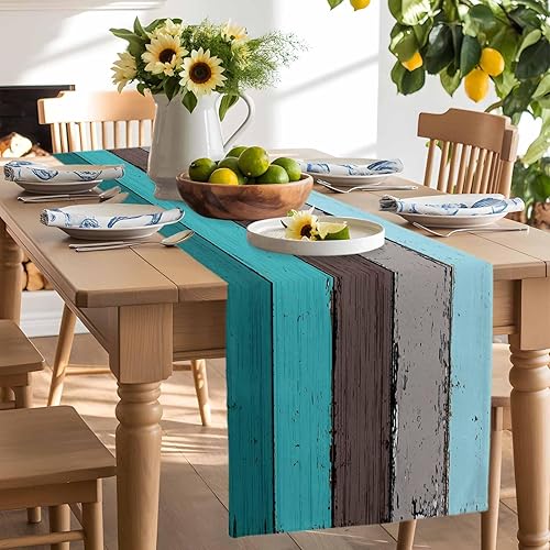 Miniatura 196 de Camino de mesa de algodón y lino estilo granja rústico retro, textura de madera de granero, color degradado marrón y gris, antideslizante,