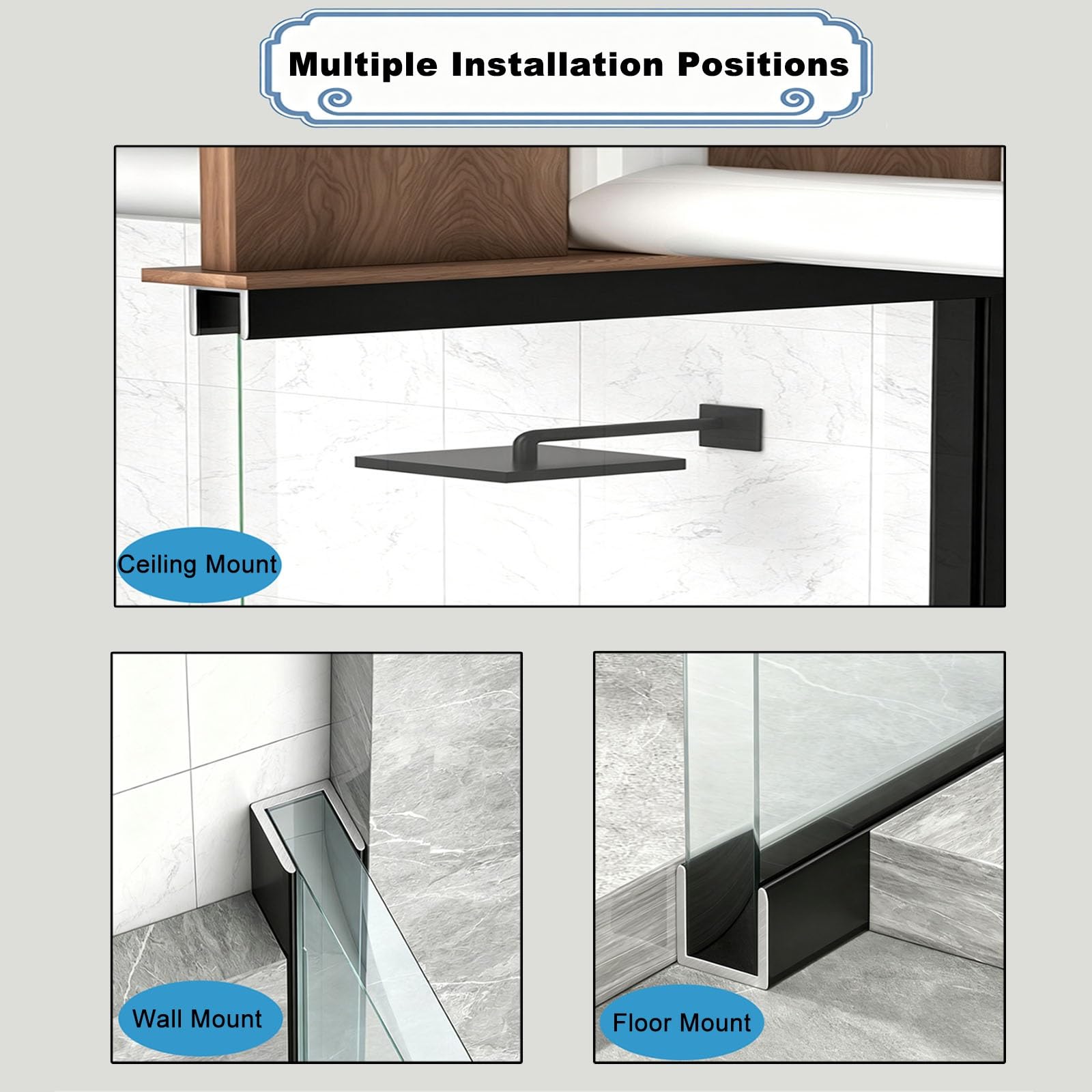Perfil en U de aluminio negro para puerta de cristal de ducha