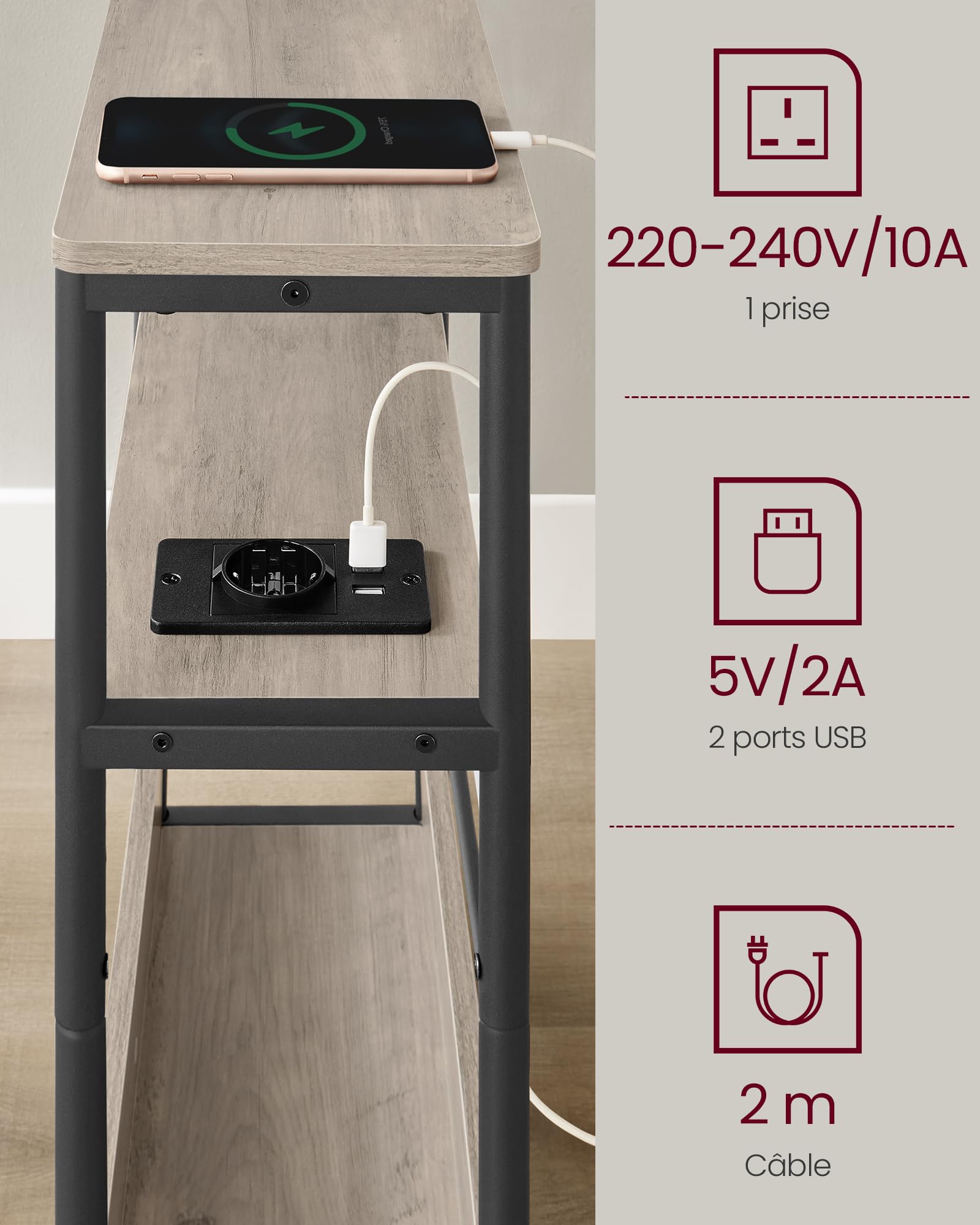VASAGLE Table d’Appoint Fine avec Multiprise, Table de Chevet à 3 Niveaux, Bout de Canapé, pour Petits Espaces, Porte-Magazines, Salon, Chambre, Bureau, Grège Chiné et Noir d'encre LET335K05