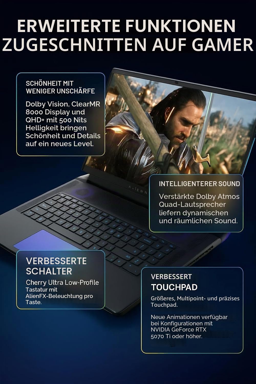 Alienware 18 Area-51 Gaming Laptop - Intel 24-Core U9 275HX, GeForce RTX 5080 16GB GDDR7, 18 Zoll QHD+ 3000Hz Display, Wi-Fi 7, Ai NPU, 4K Kamera, Quad Fan Cooling, AlienFX RGB (64GB DDR5, 8TB SSD)