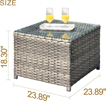 ovios Outdoor Side Table with Tempered Glass Top, Patio Wicker Coffee Table, Rattan Bistro End Table for Porch Deck Balcony Garden Poolside, Grey