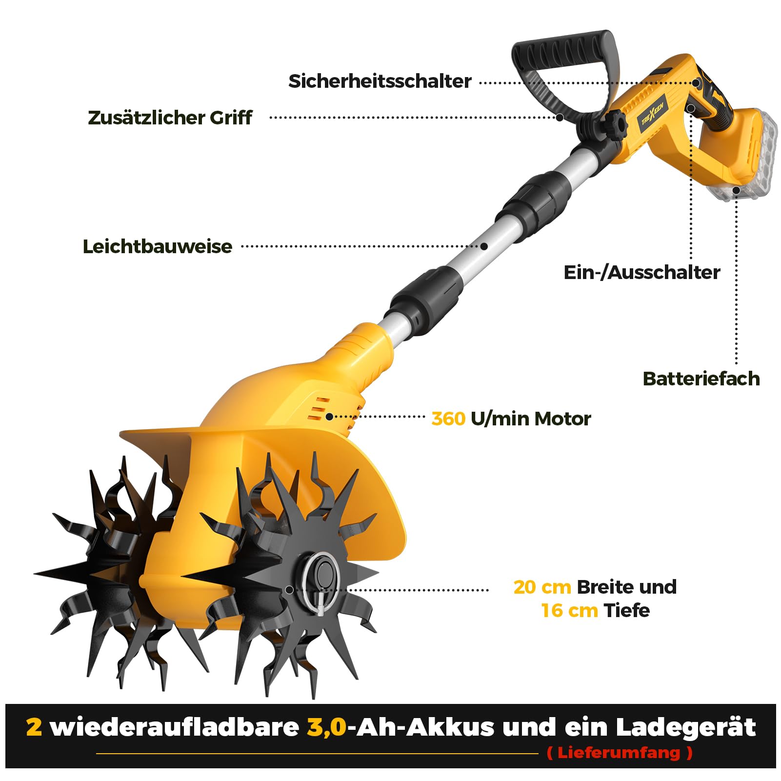 Motocultor eléctrico de 21 V, Equipado con Dos baterías de 3,0 Ah, Ancho de Trabajo de 20 cm, Profundidad de Trabajo de 16 cm, Adecuado para parterres, Campos y labores agrícolas.