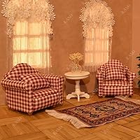 Vista 8 de iLAND Lindos juguetes para niñas de 6 a 8 años, encantadora decoración para casa de muñecas a escala 1/12, juego de sofás de gingham para casa