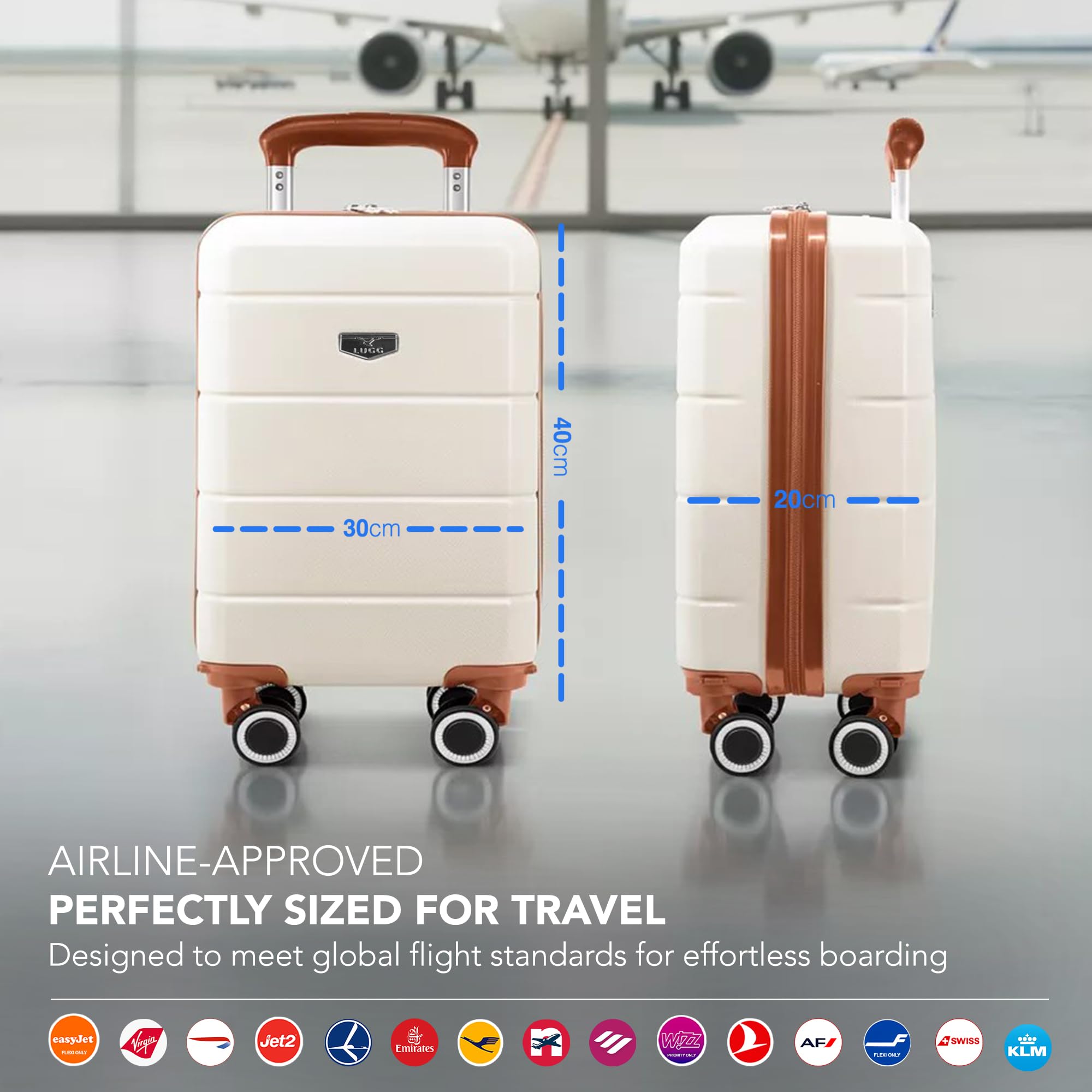 LUGG - Jetset 40cm Suitcase - 40x30x20cm- Ryanair Compatible - Underseat Size - Hard Shell ABS - Spinner & Removable Wheels - Lightweight Travel Luggage- Cream/Brown — view 2