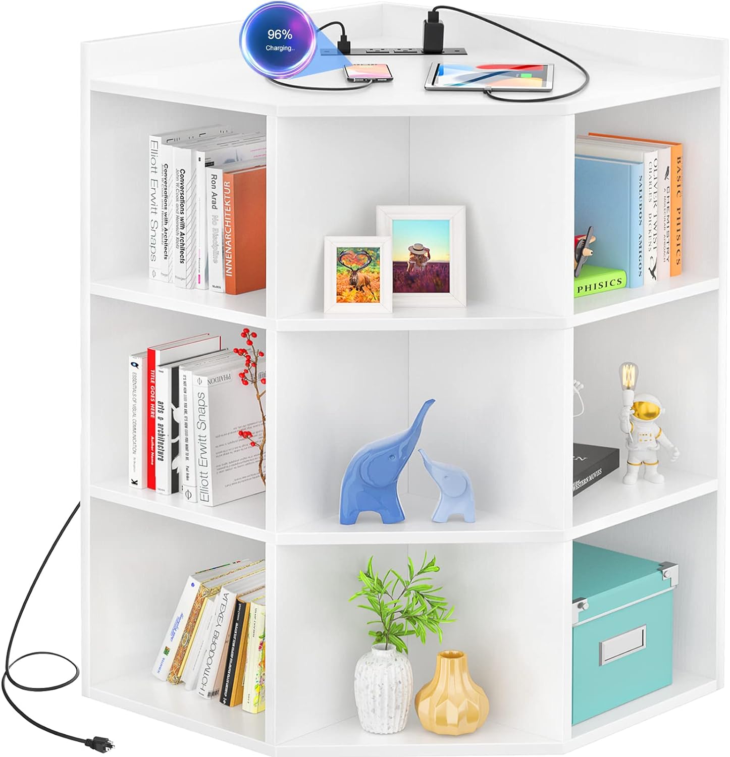 Aheaplus Corner Cabinet, Corner Storage with Power Outlet & LED Lights, Wooden Cubby Corner Bookshelf with 9 Cubes for Bedroom, Living Room, Office, Corner Cube Toy Storage for Small Space, White