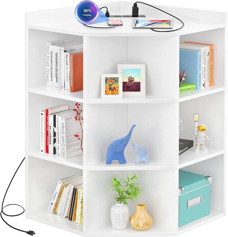 Aheaplus Corner Cabinet, Corner Storage with USB Ports and Outlets, White