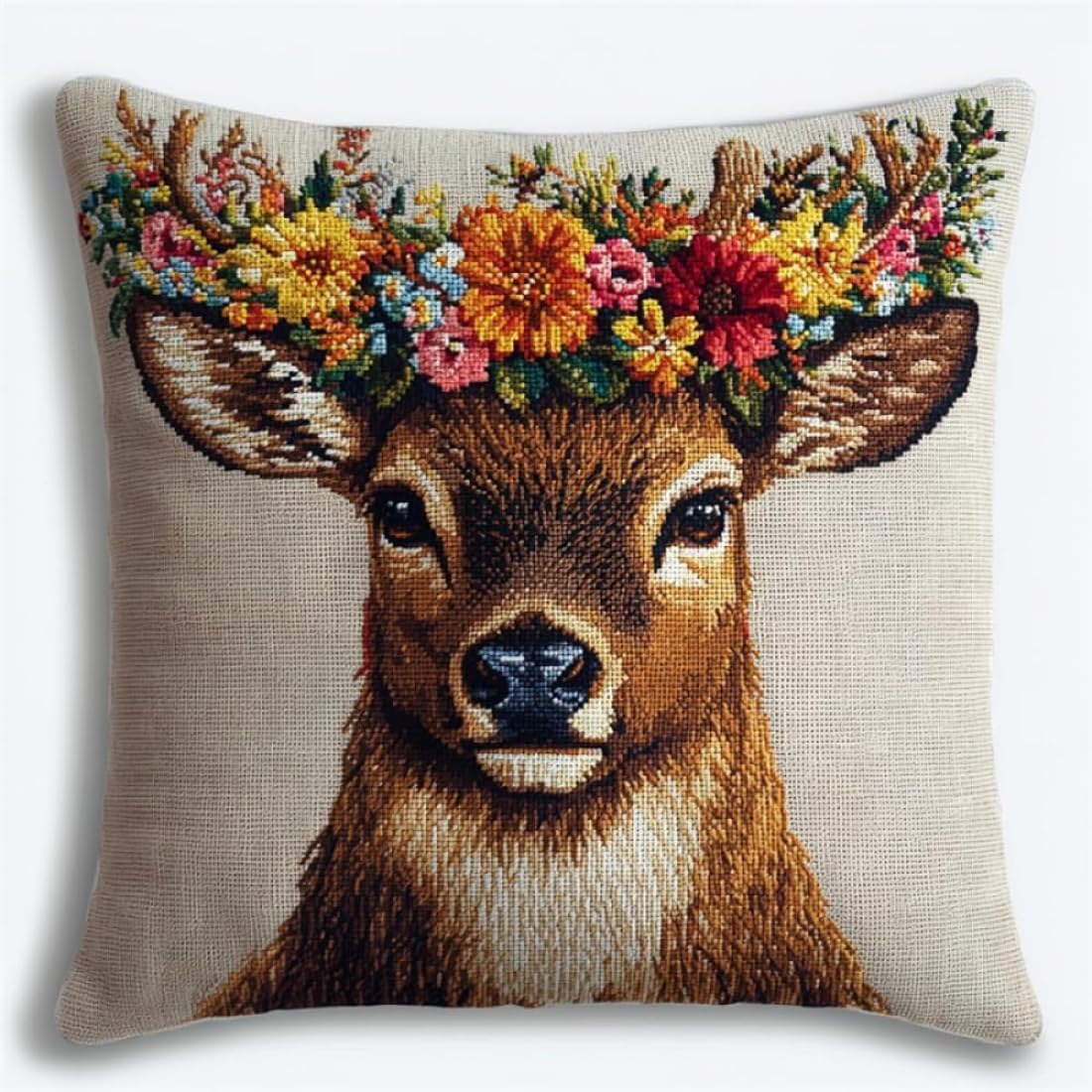 Diy刺繍キットクロスステッチ クッションキット，花輪をつけた鹿 45X45Cm 刺繍 枕カバー クロスステッチ ソファー クッションカバー