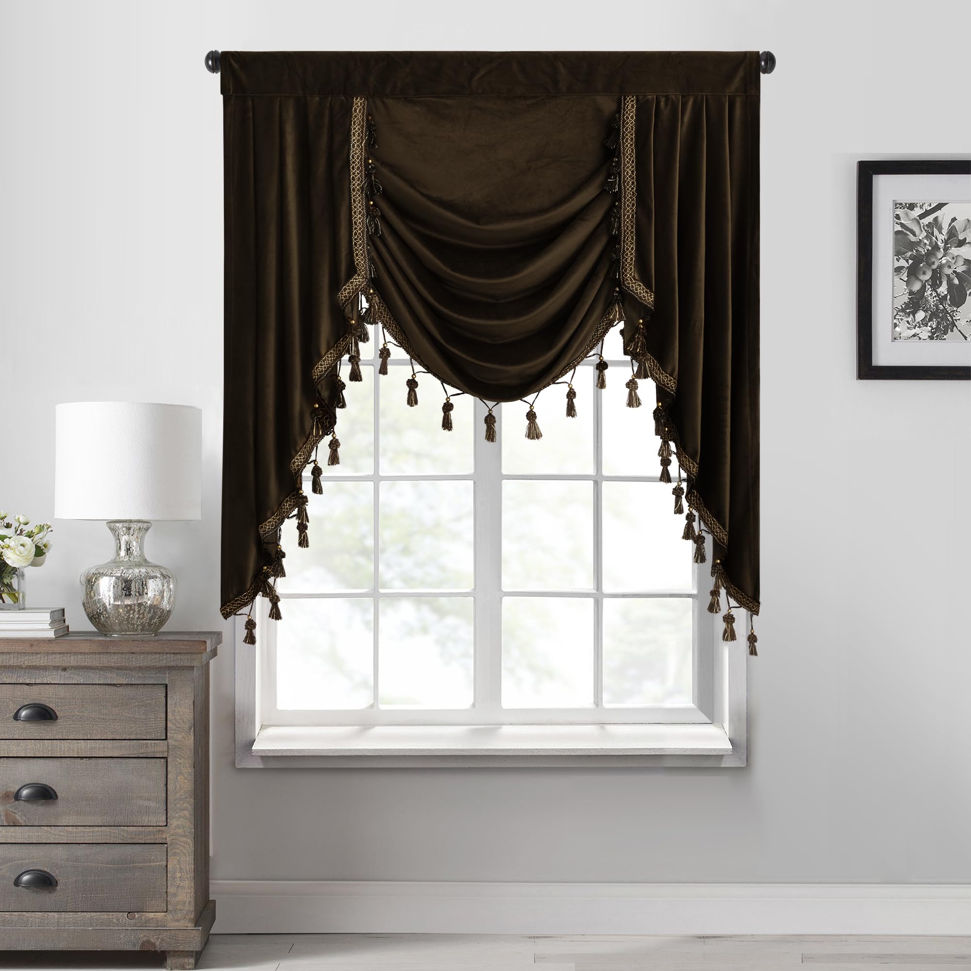 StangH Brown Velvet Valance Curtain for Bedroom, Luxury Tassel Waterfall Valance Blackout Thermal Insulated Tier Window Drapes for Bathroom/Dining Living Room, W39 inches, 1 Panel
