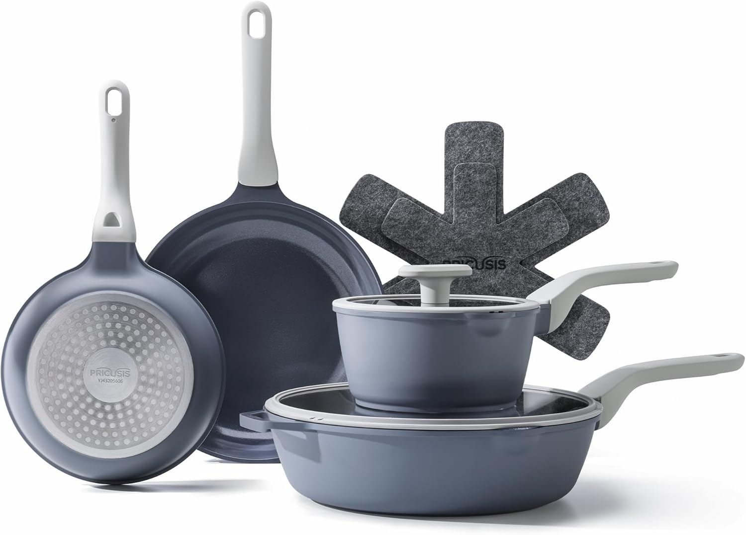 PRICUSIS Nonstick Pots and Pans Set, 9 Pieces Non Toxic Ceramic Nonstick Cookware, Healthy Omelete/Egg Skillet, Healthy Frying Pan, PTFE PFOA & PFAS Free, Induction Compatible, Blueberry Gray
