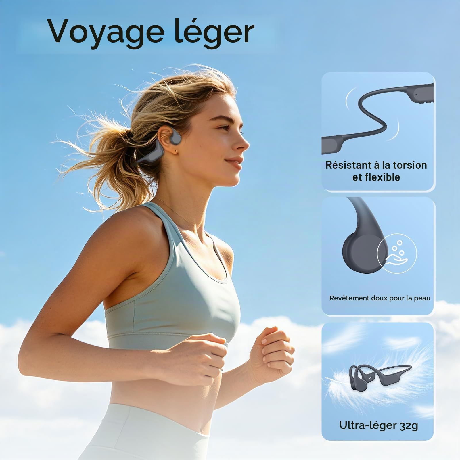 Casque Conduction Osseuse Natation, IP68 Ecouteur Piscine Bluetooth 32 Go