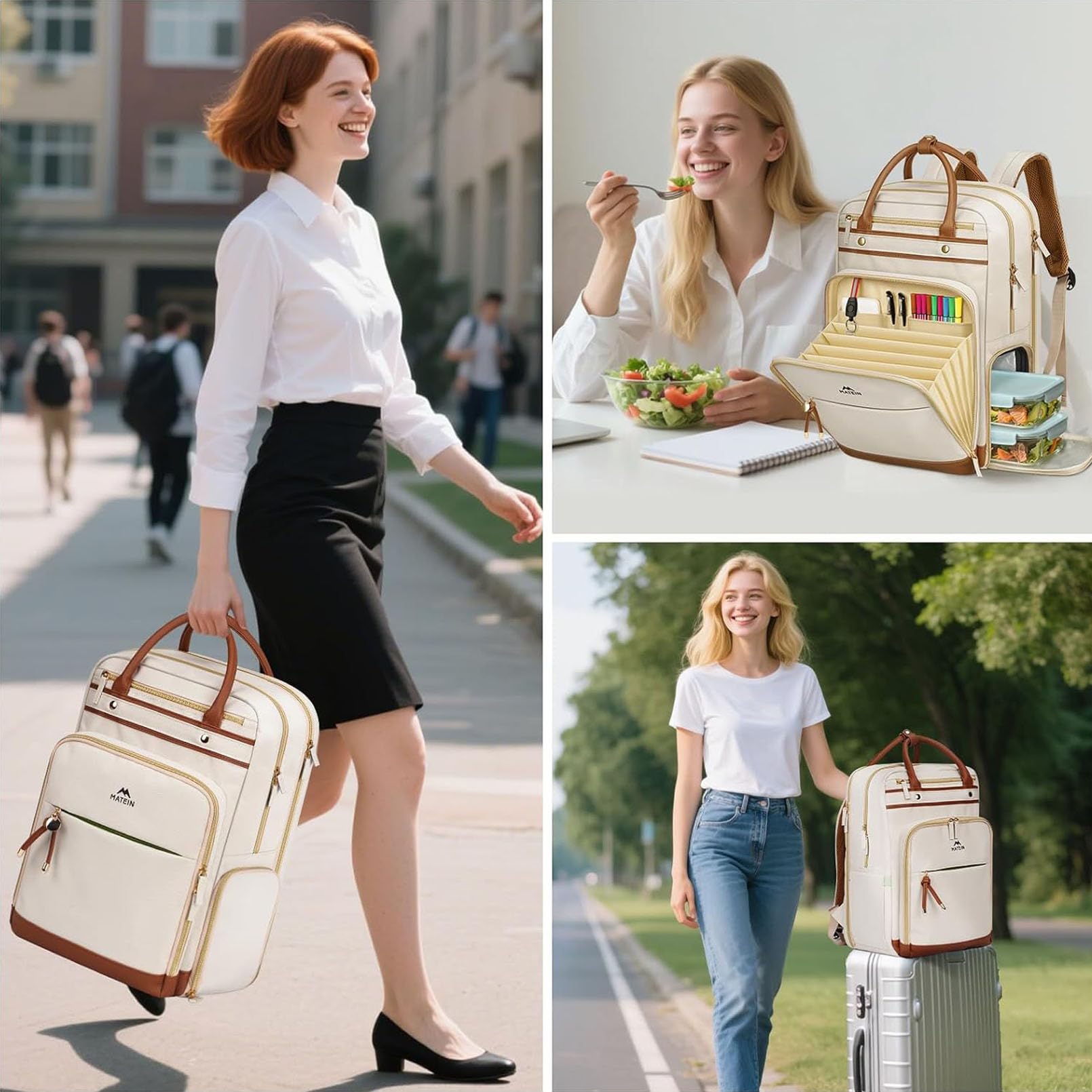 MATEIN Zaino Lavoro Donna per Insegnanti con Borsa Pranzo Rimovibile, Zaino Porta PC 15.6 Pollici, Zaini Scuola per Donna e Docenti, per Viaggio Aereo, Università, Ufficio, Beige