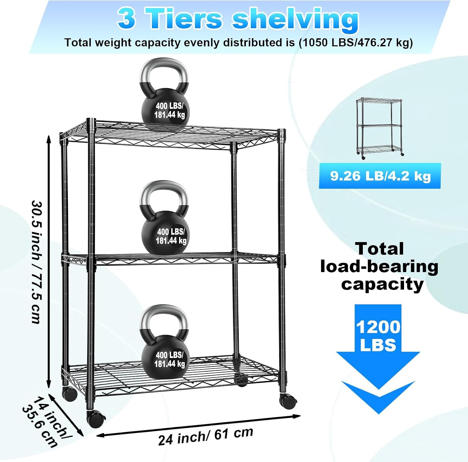 Whitmor 3 Tier Storage Shelves, Heavy Duty with Wheels, Adjustable Wardrobe Rack,200 lbs Capacity per Shelf, Max 600 lbs Total for Kitchen, Bathroom, Garage, 24" L x 14" W x 30.5" H, Black image 3