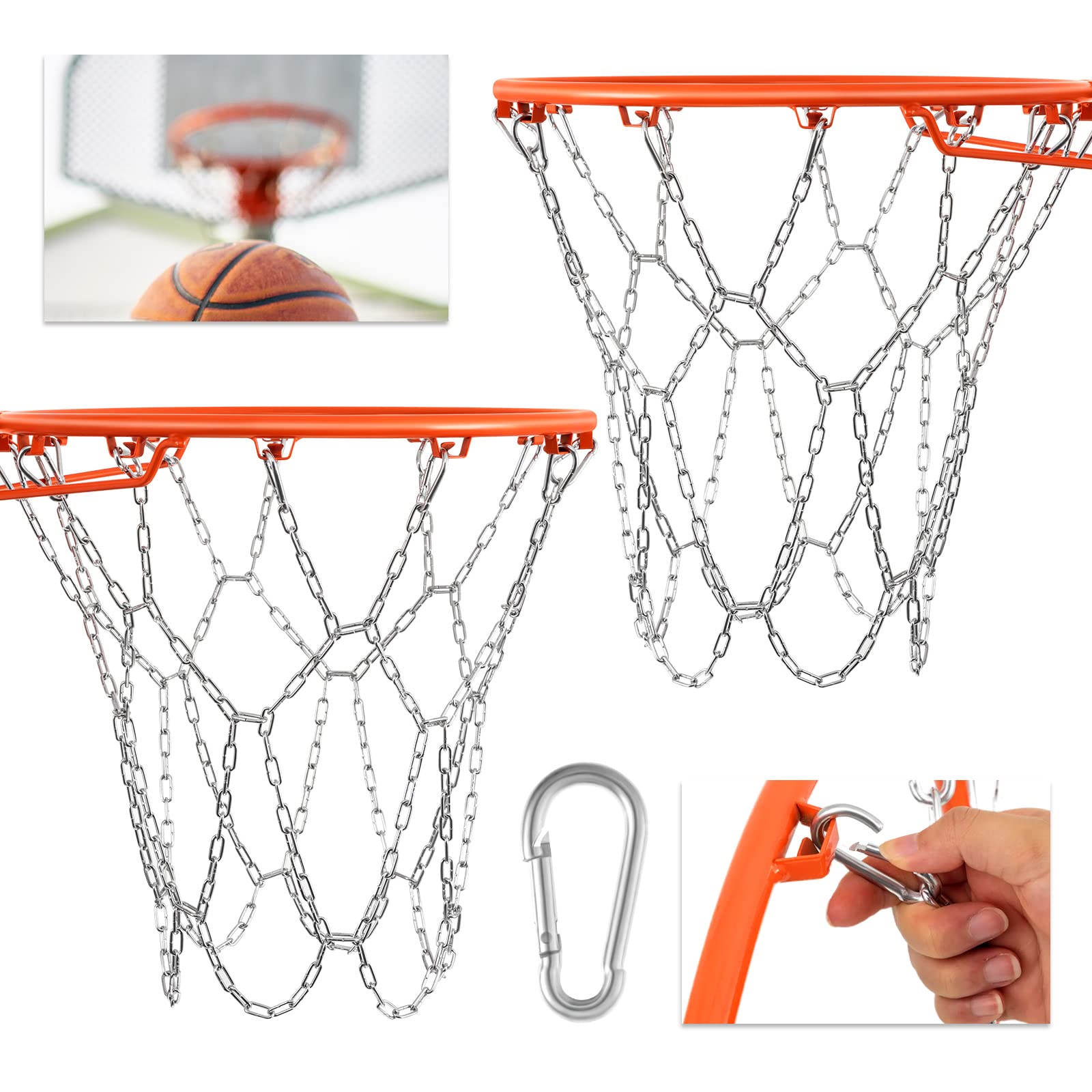 2 Pcs Basketball Net 12 Links Basketball Hoop Net Heavy Duty Galvanized Steel Braided Chain Net for Basketball Hoop Rust Proof Basketball Chain Net for Indoor Outdoor Climate, Quick Installation