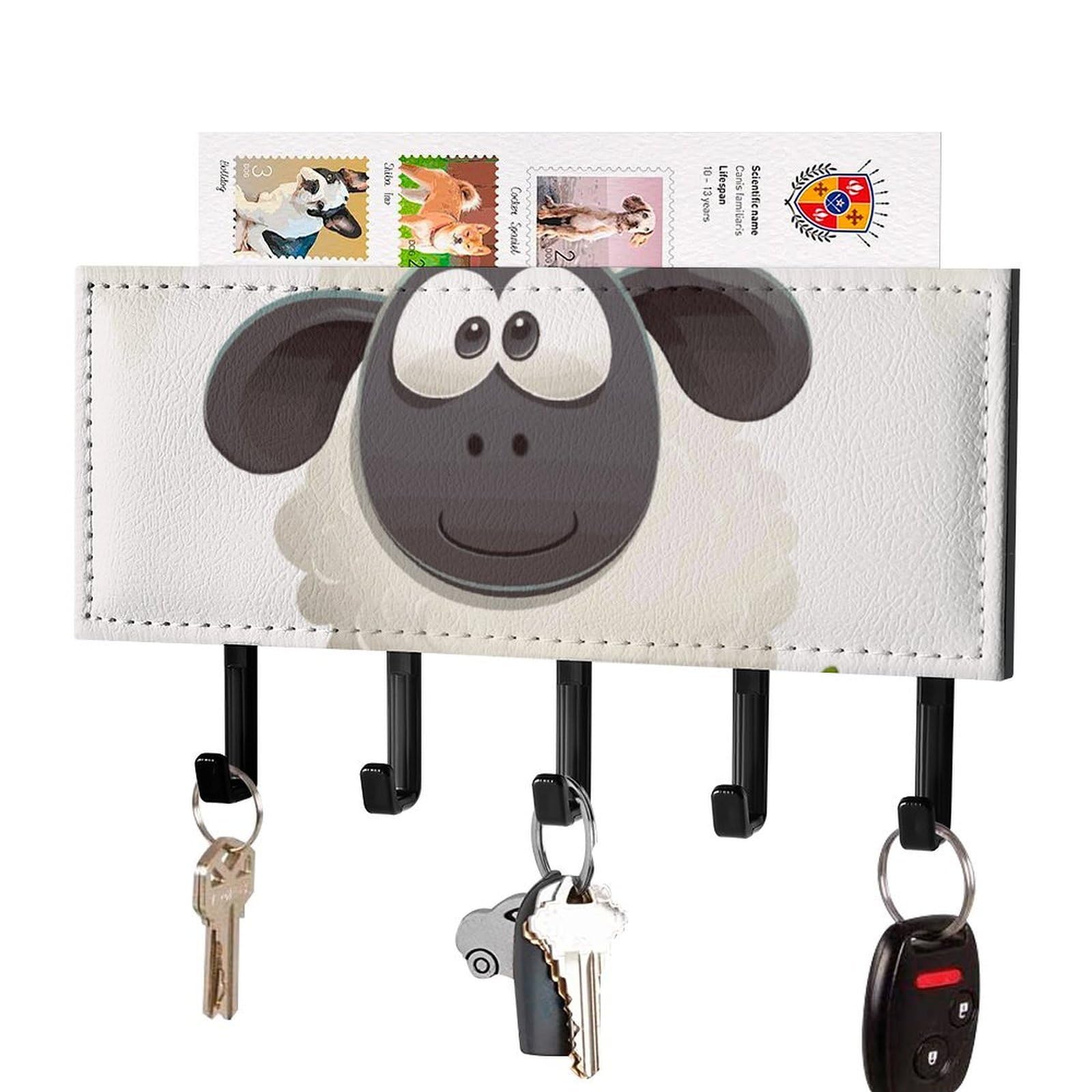 DWVTSLH Sheep Key Holder for Wall, Decorative Key Hooks with Mail Organizer & 5 Hooks, Self Adhesive Leather Key Hanger for Entryway, Wall Mounted Key Rack (7.1” X 4.3” X 0.9”)