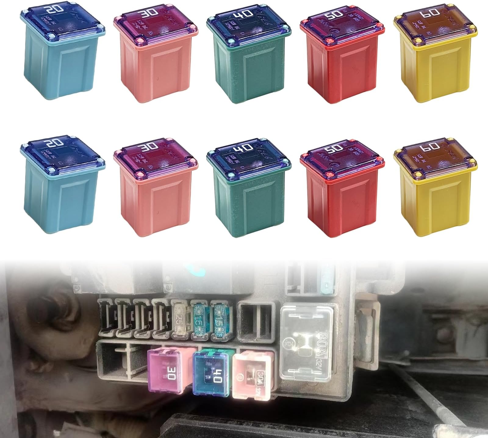 Pleoos 10Pcs Jcase Fuse Kit Mini Jcase Fuse Assortment Low Profile for Pickup Trucks Cars and SUVS (20A/30A/40A/50A/60A, 2pcs Each)